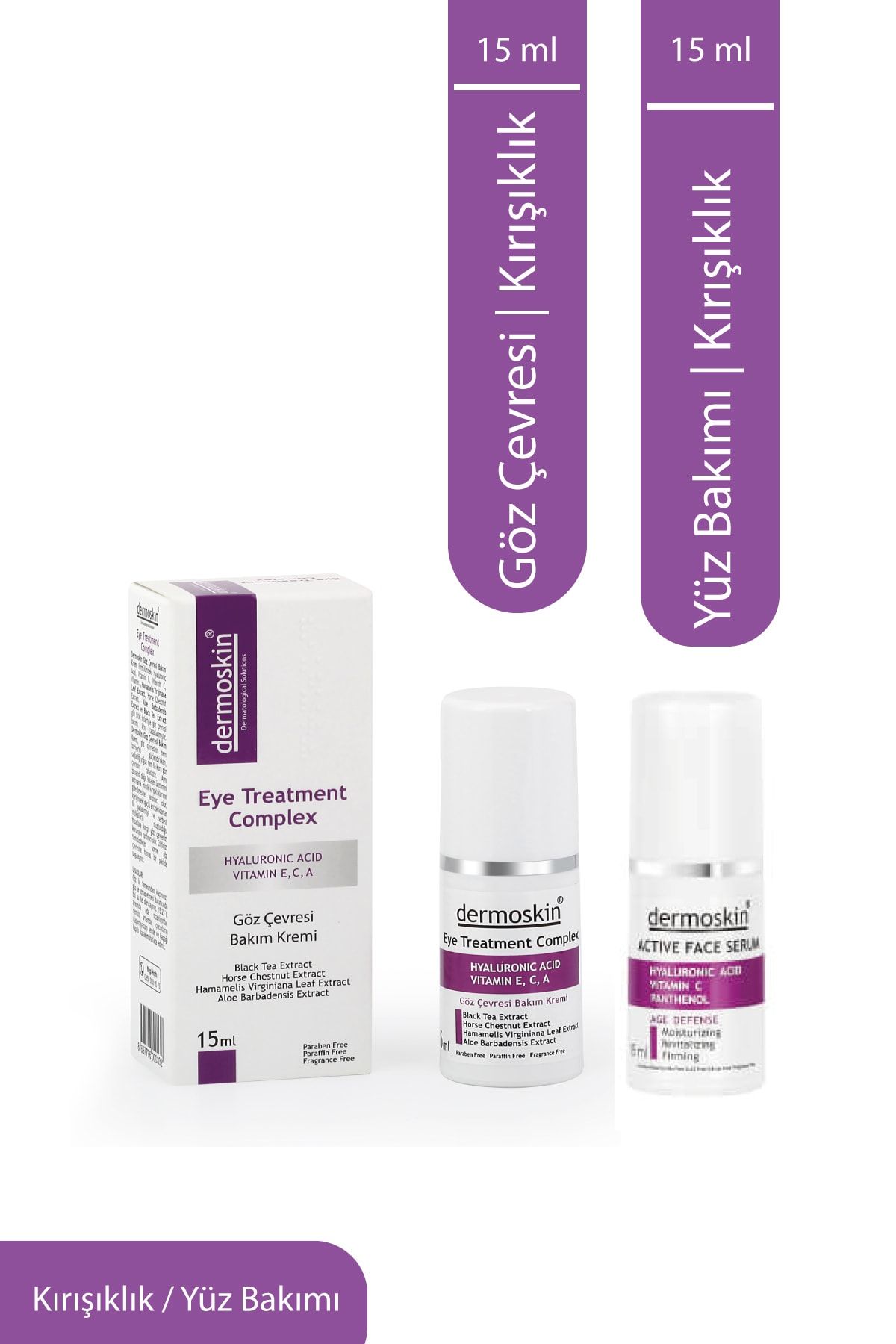 Dermoskin Kırışıklık Karşıtı Aktif Yüz Serumu 15 Ml + Göz Çevresi Bakım Kremi 15 Ml 2'li Avantaj Paket