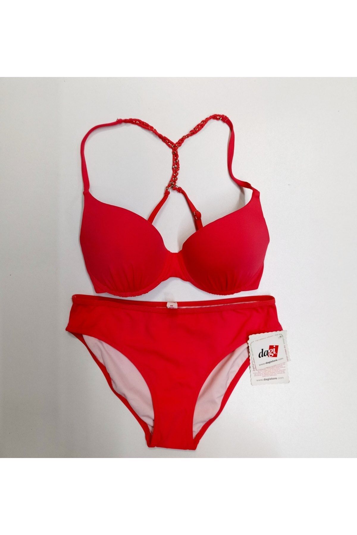 Dagi Kadın Kırmızı Kaplı Sırtı Çapraz Taşlı Bikini Takımı