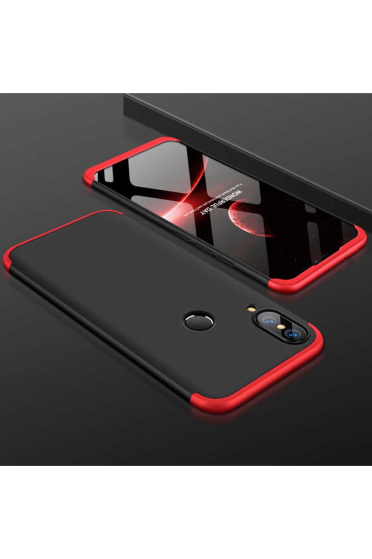 Nezih Case Huawei P20 Lite 360 Tam Koruma 3 Parça Slim Sert Silikon Kılıf Siyah/kırmızı