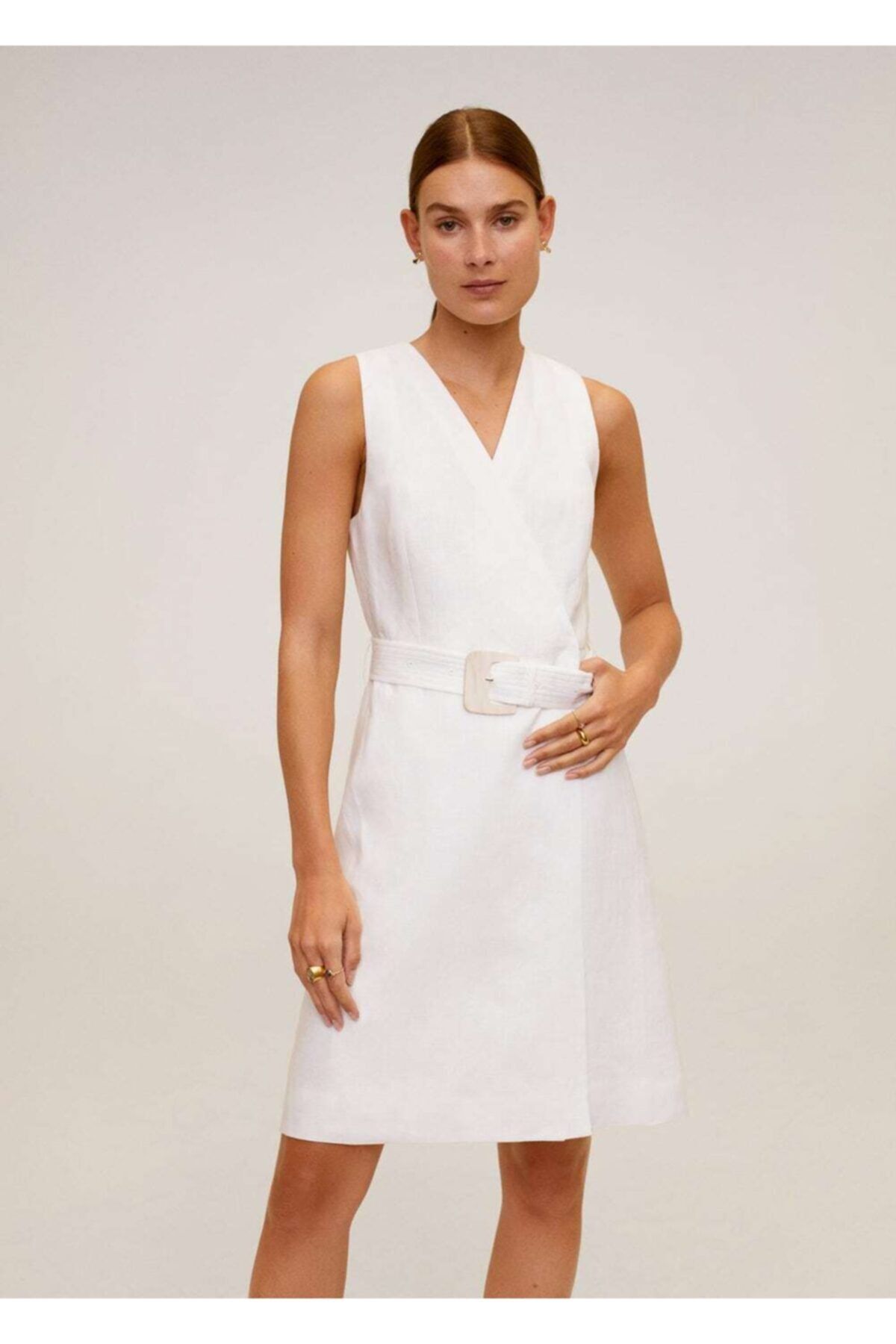 MANGO Kadın Kırık Beyaz Kemerli Keten Elbise 67029025