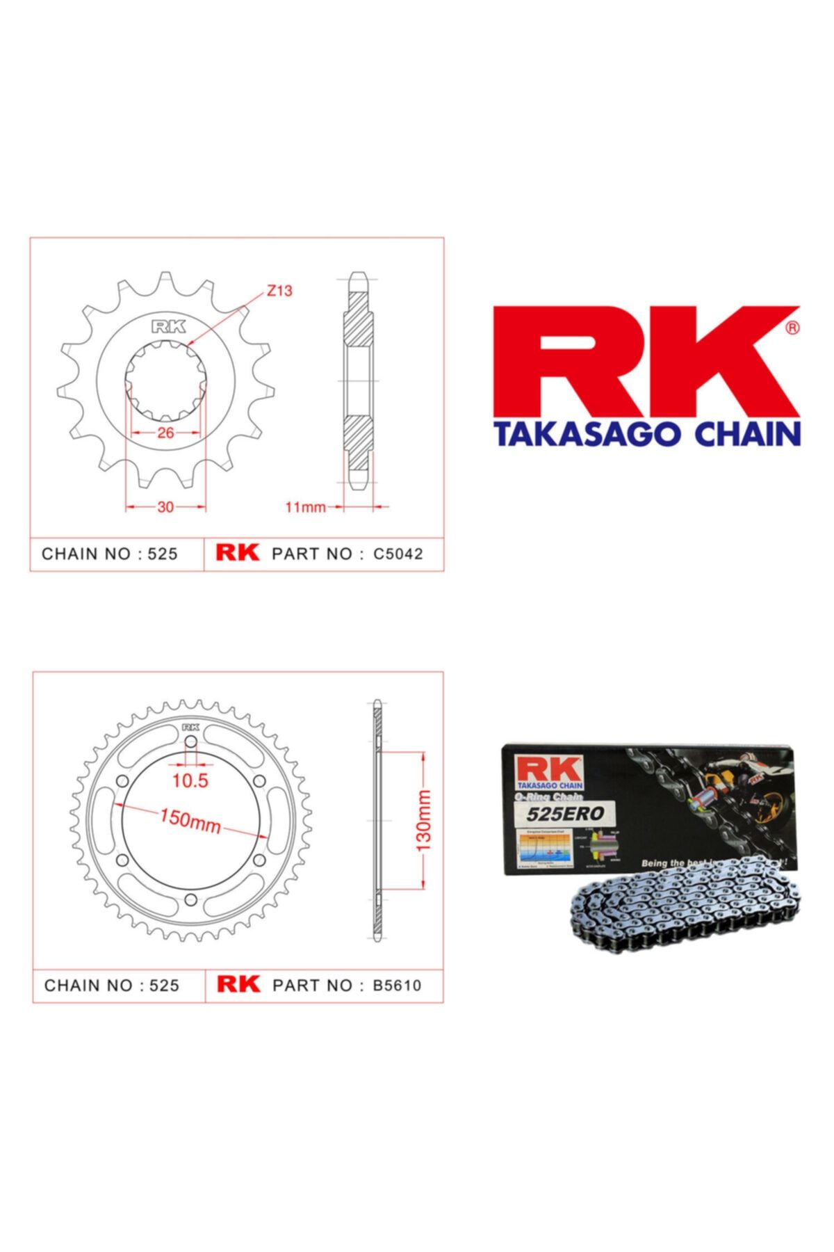 RK Yamaha Fz8 Na Abs Zincir Dişli Set 525 Ero O-ring 16/47t (2010-2016)