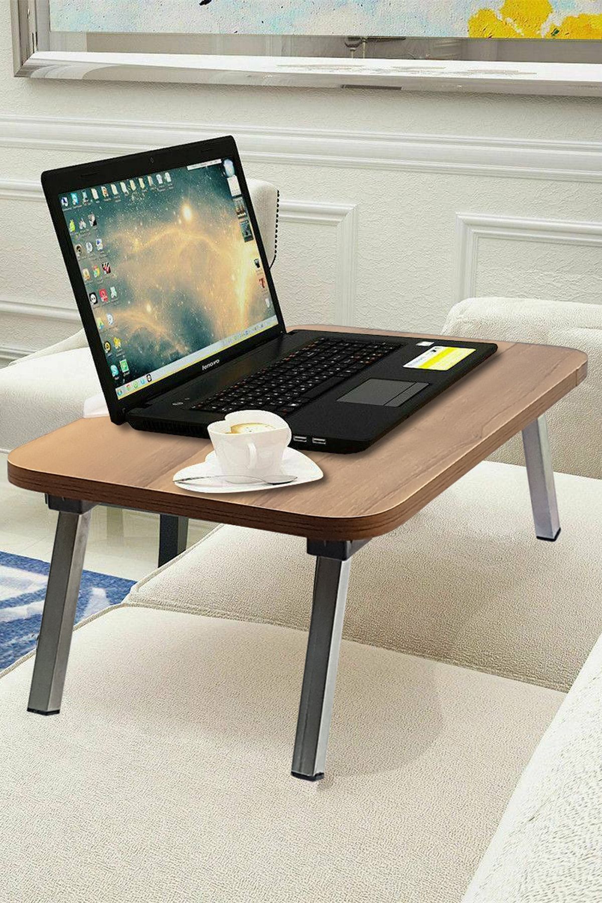 Binbirreyon Katlanır Laptop Masası Çalışma Masası Tablet Standlı Yatak Sehpası Ceviz 35x56cm Bb031