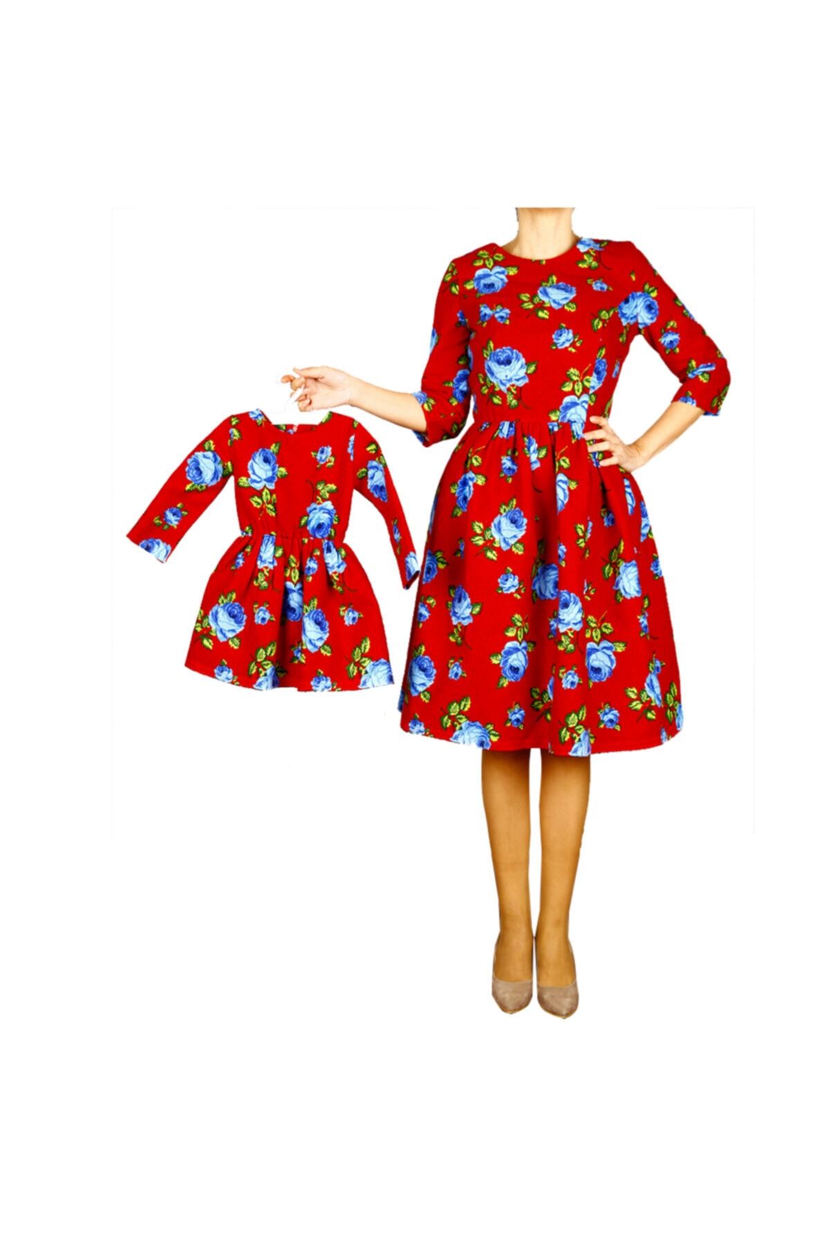 hotice tasarım Hotice Anne Kız Kombin Pazen Çiçekli Kırmızı Kışlık Elbise (TEKLİ FİYAT)