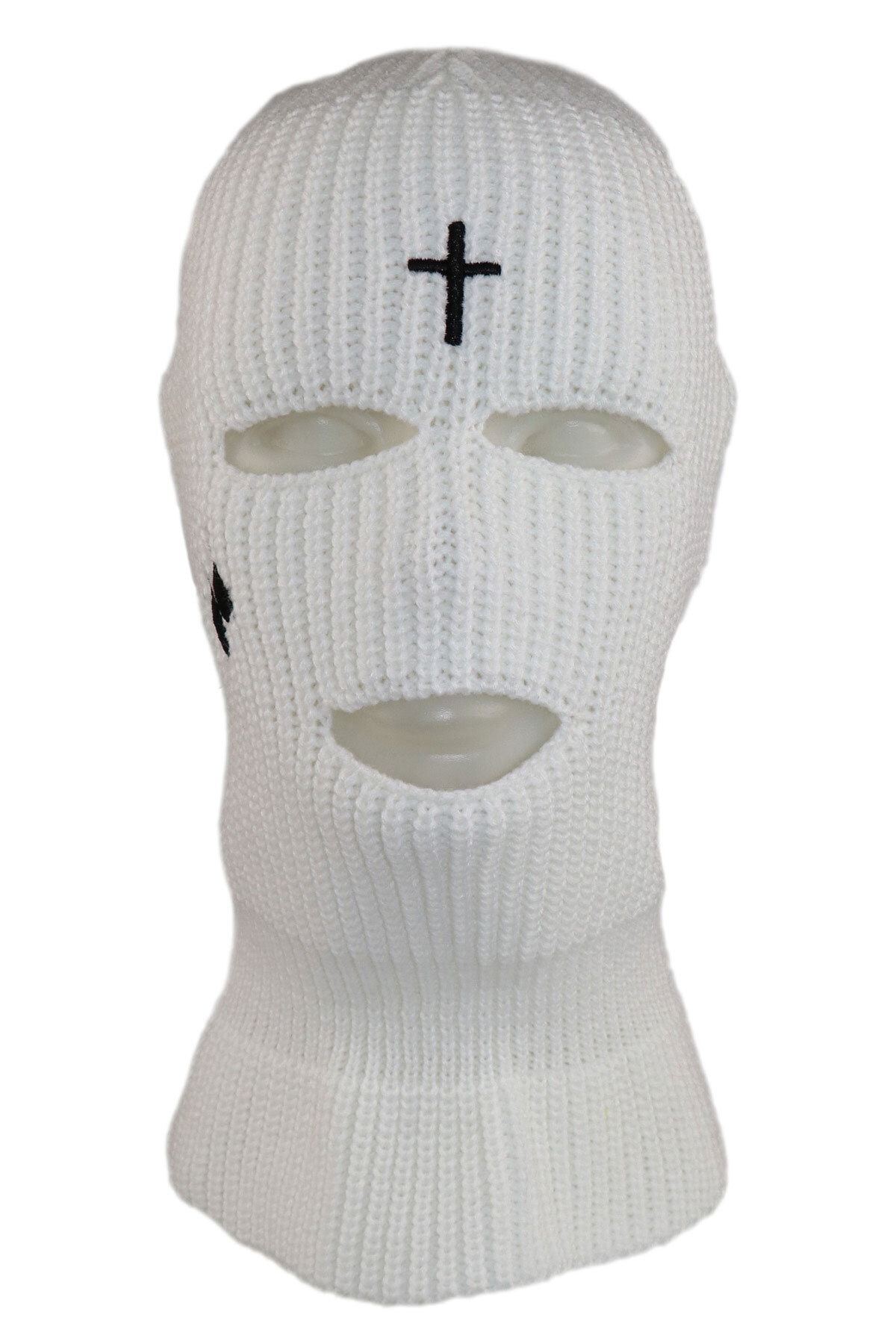 zirve şapka Beyaz-siyah Artı Nakışlı 3 Gözlü Unisex Kar Maskesi
