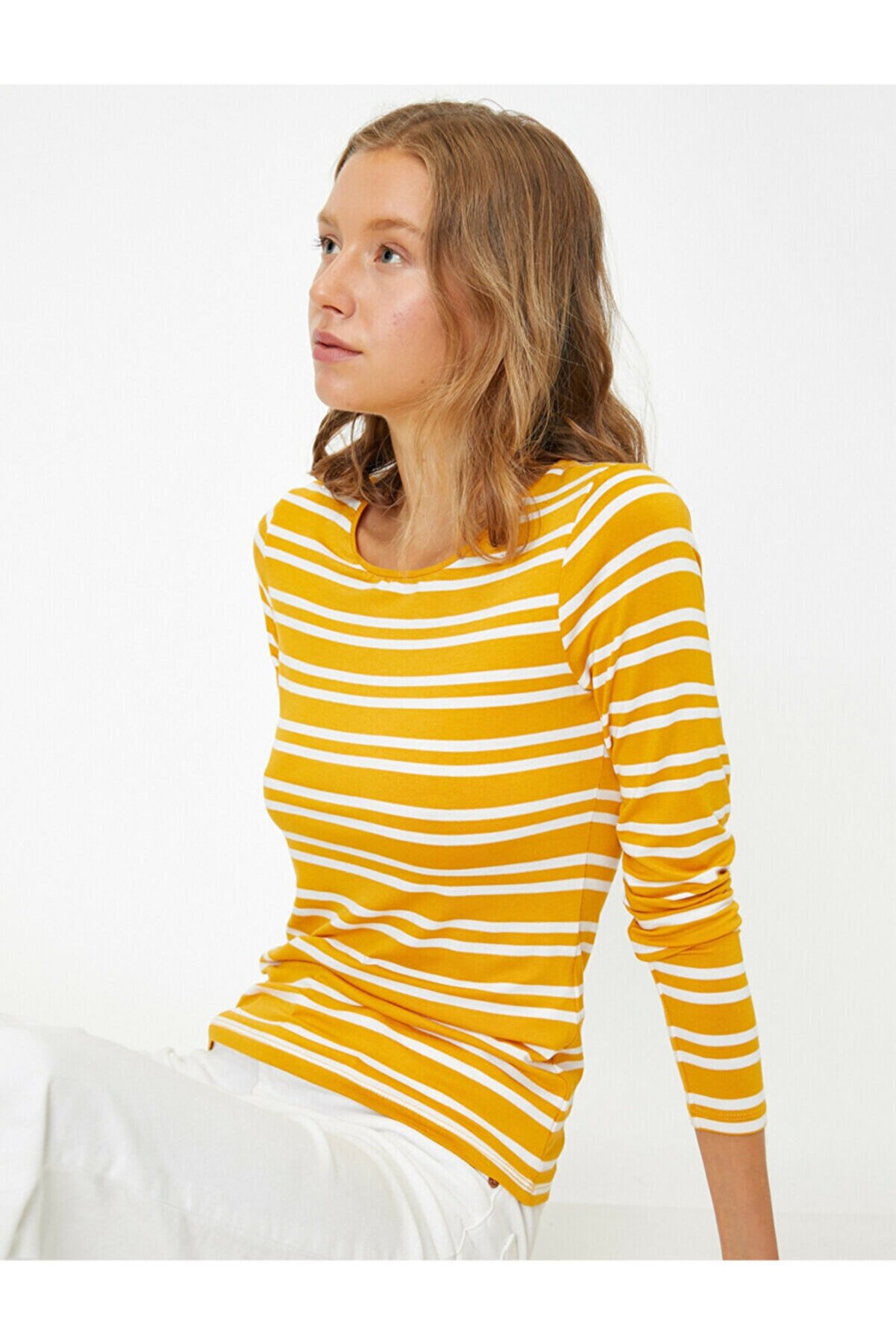 Koton Kadın Sarı Uzun Kollu Çizgili T-Shirt