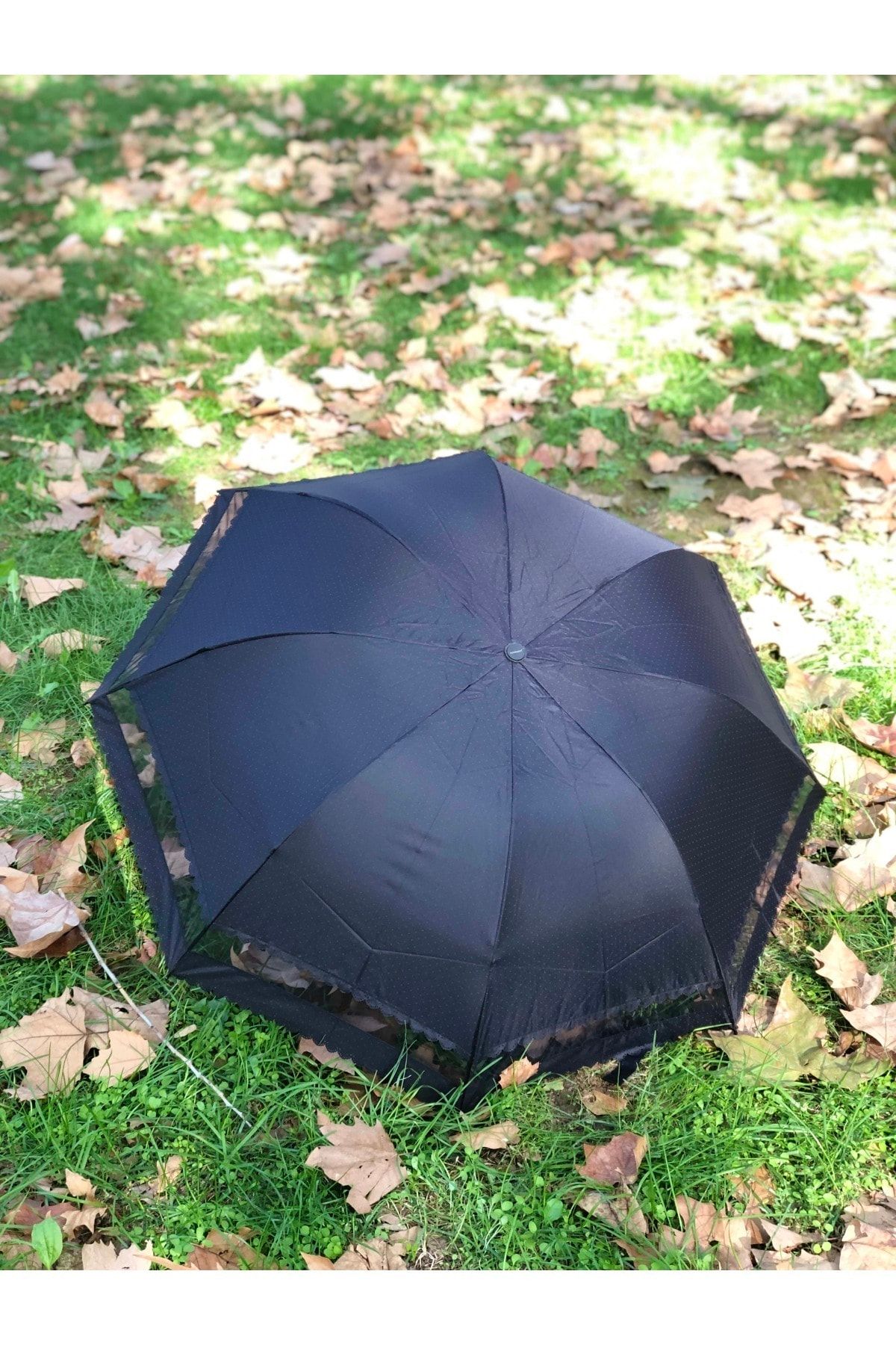 Rainwalker Rüzgarda Kırılmayan Kenarı Kıvrımlı Tül Detaylı Siyah Kadın Şemsiye