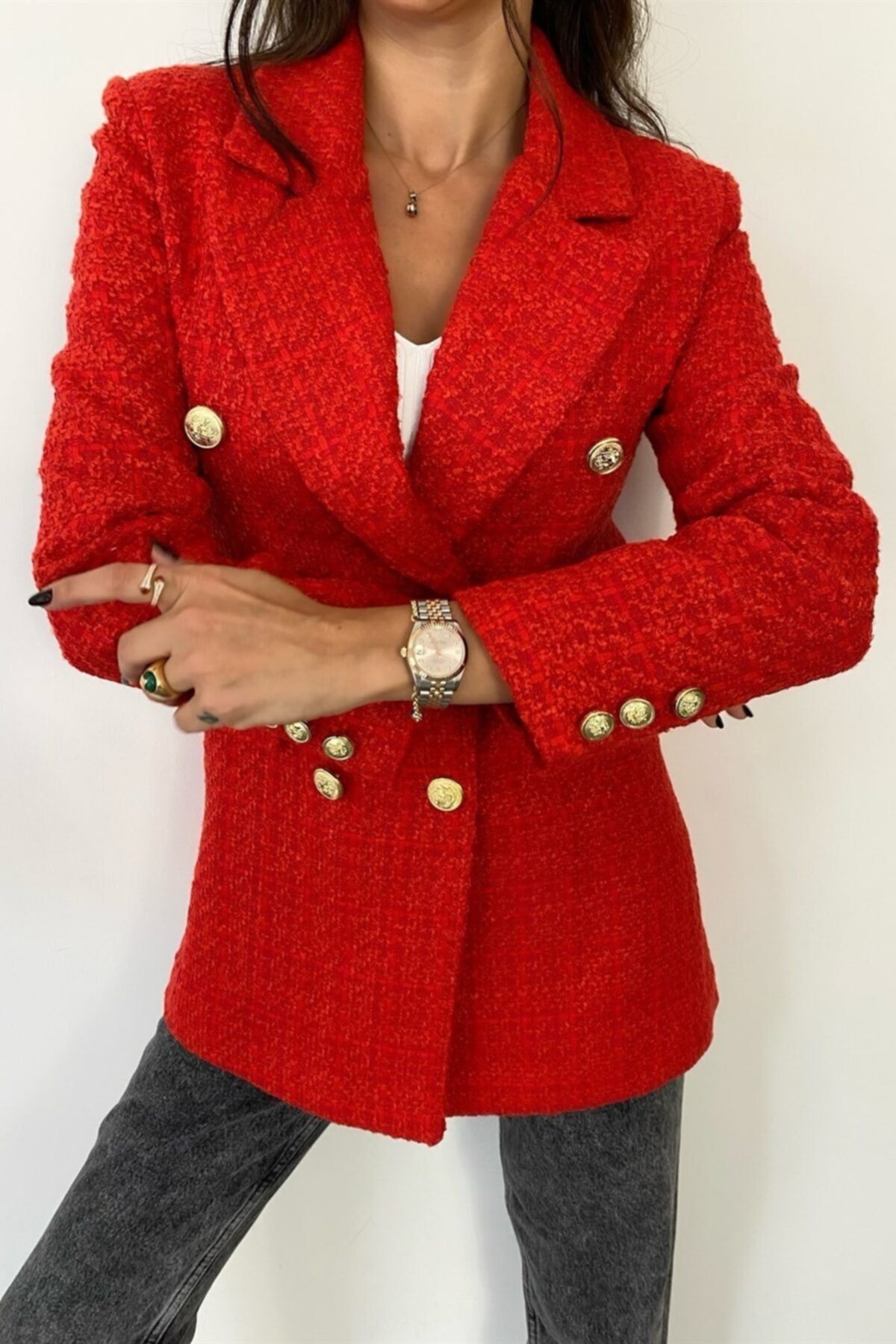 Suzi butik Kadın Gold Düğmeli Kruvaze Kırmızı Tuvit Ceket