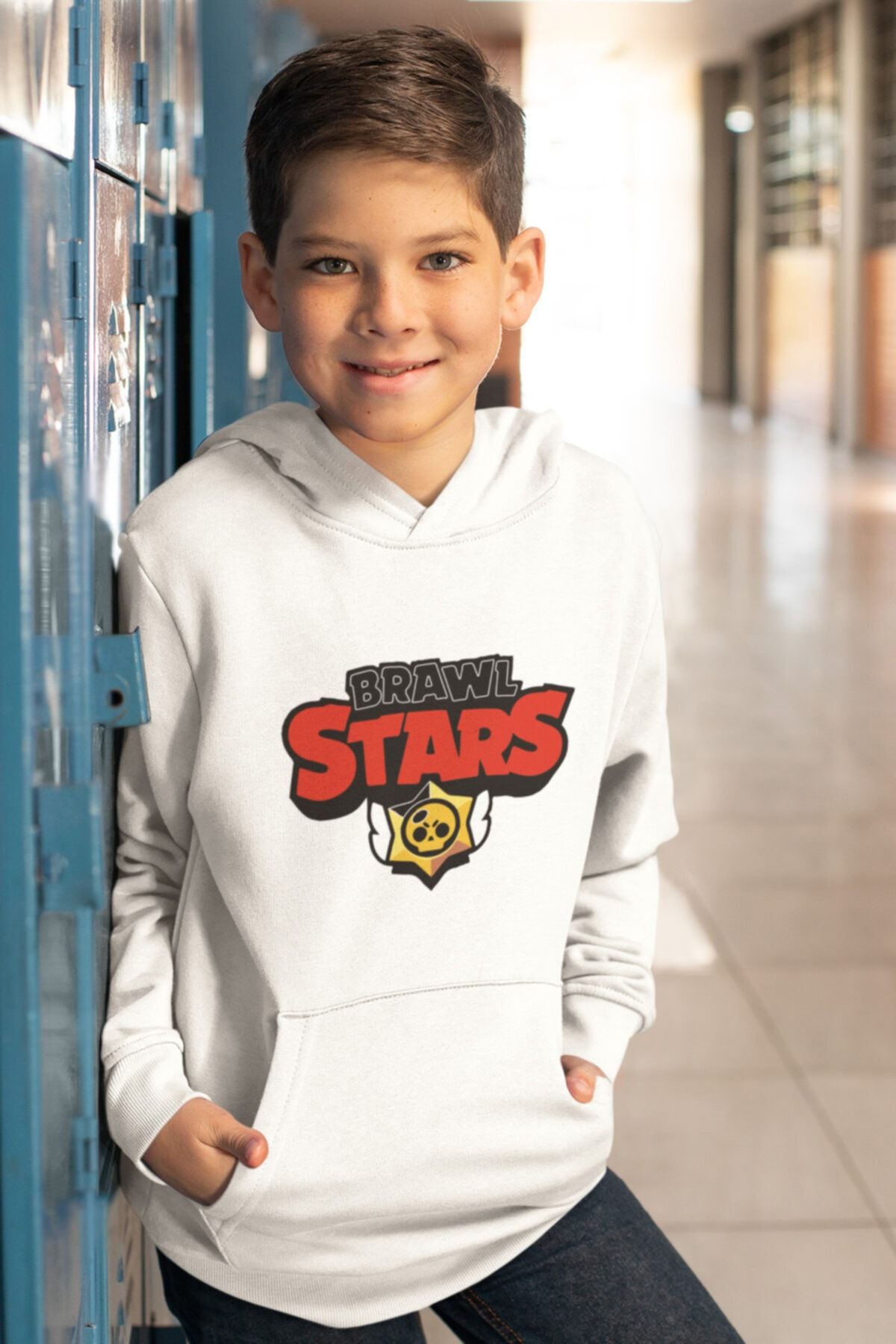 Kio Tasarım Brawl Stars Sweatshirt Kapüşonlu Logo Baskılı Unisex Ekru Çocuk Hoodie Pamuklu Kalın Kumaş