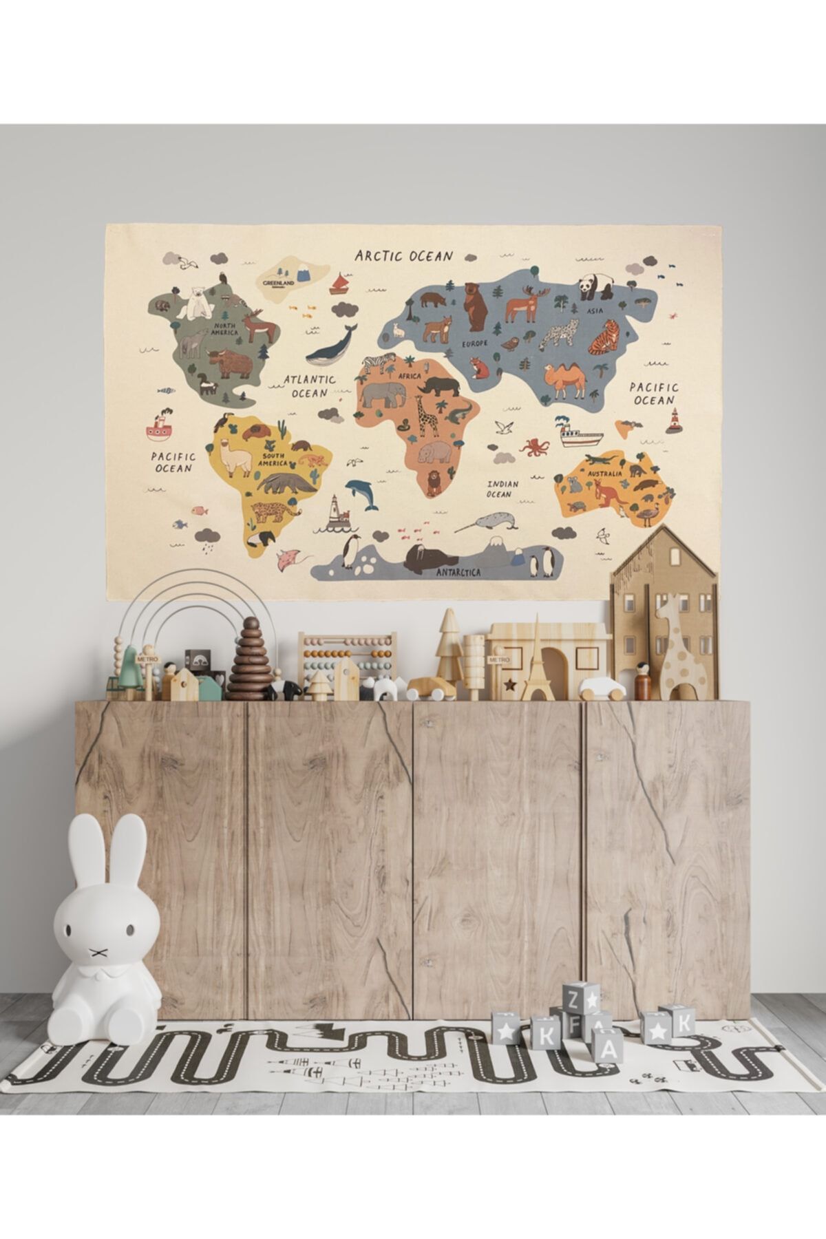 Happy Kid Rooms Organik Pamuklu Kumaş Dünya Haritası Duvar Örtüsü