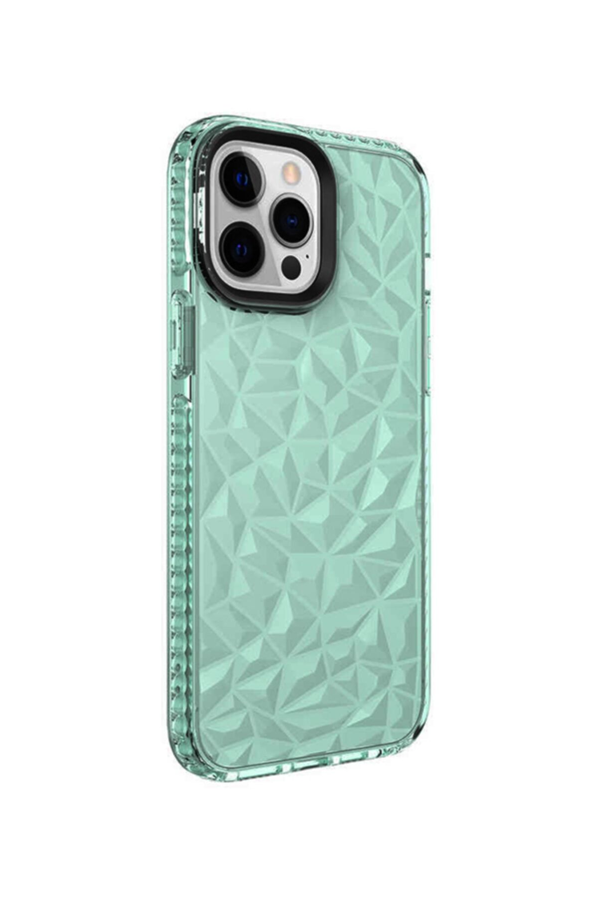 Molly Iphone 13 Pro Max Uyumlu Yeşil Kenarları Renkli Kristal Piramit Şeffaf Silikon Kılıf