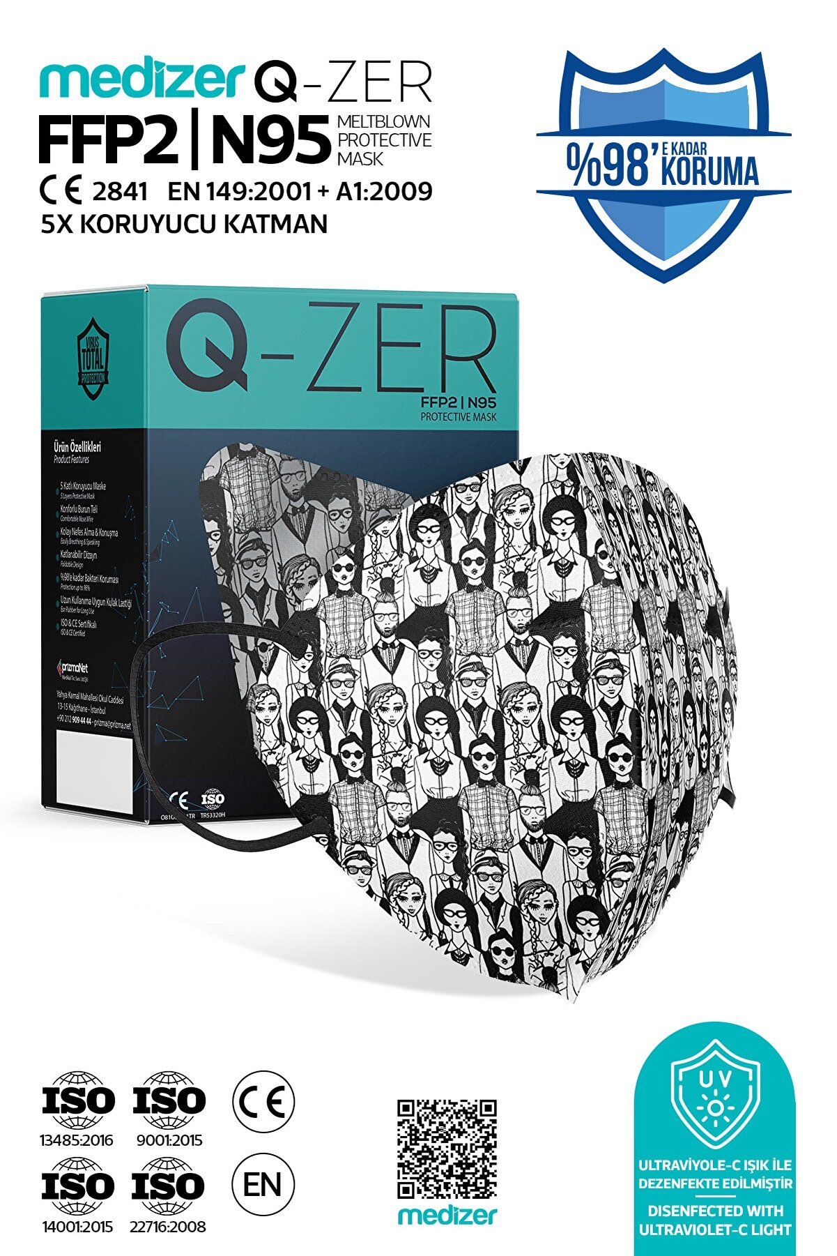 Medizer Qzer Insanlar Desenli N95 Maske 20 Adet