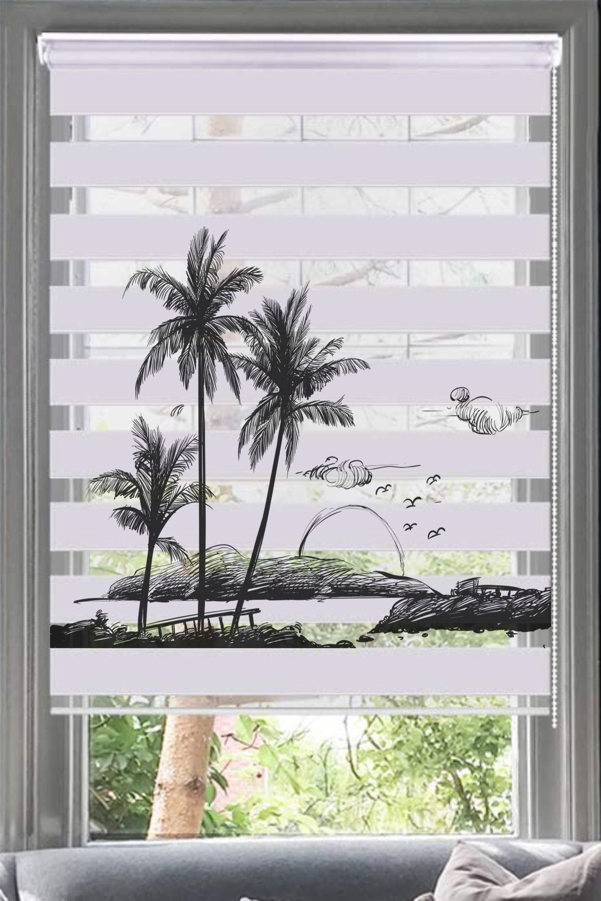 Lotus Karakalem Palmiye Desenli Zebra Perde-mutfak - Genç Odası - Oturma Odası - Palmiye