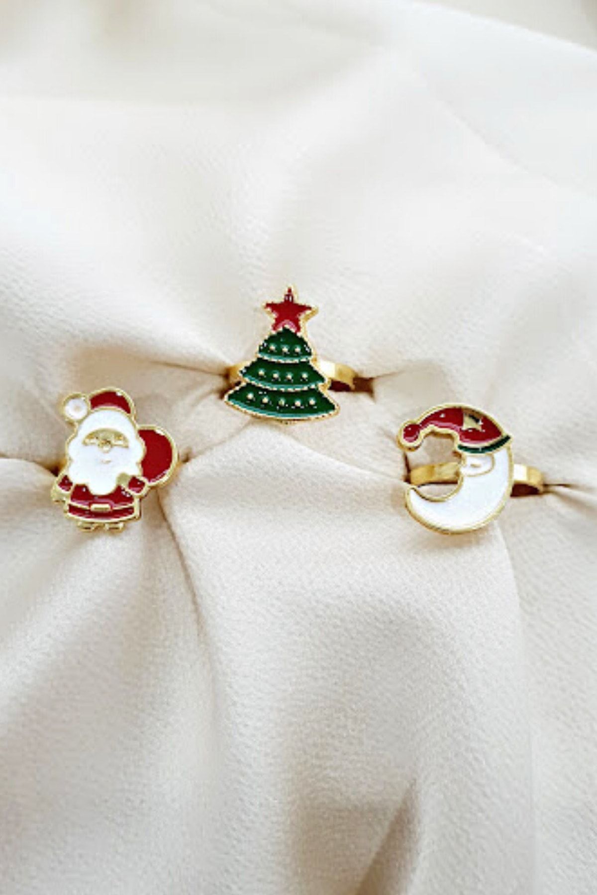 PETEK AKSESUAR 3 Lü Yeni Yıl Yılbaşı Noel Baba Temalı Yüzük Seti Çam Ağacı