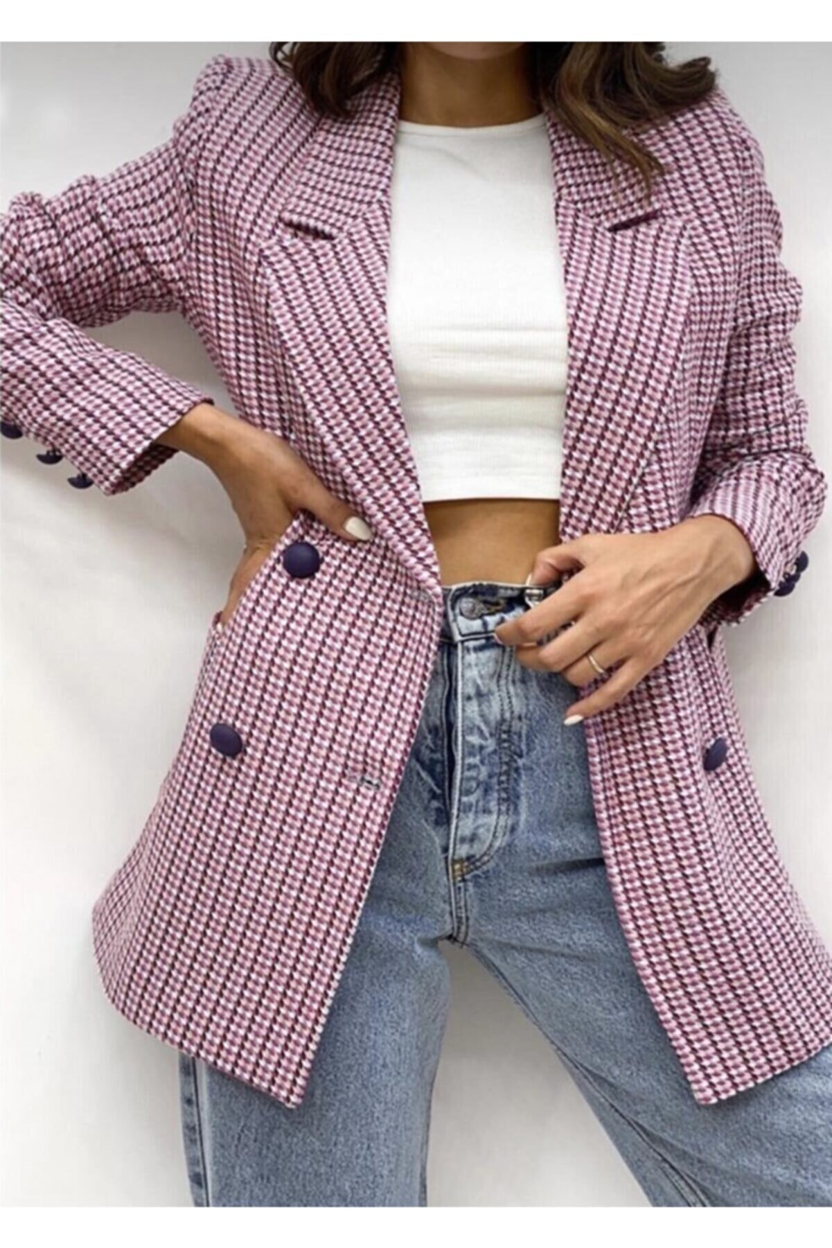 LONTİ GRUP Kadın Pembe Desenli Düğme Detay Astarlı Kruvaze Blazer Ceket