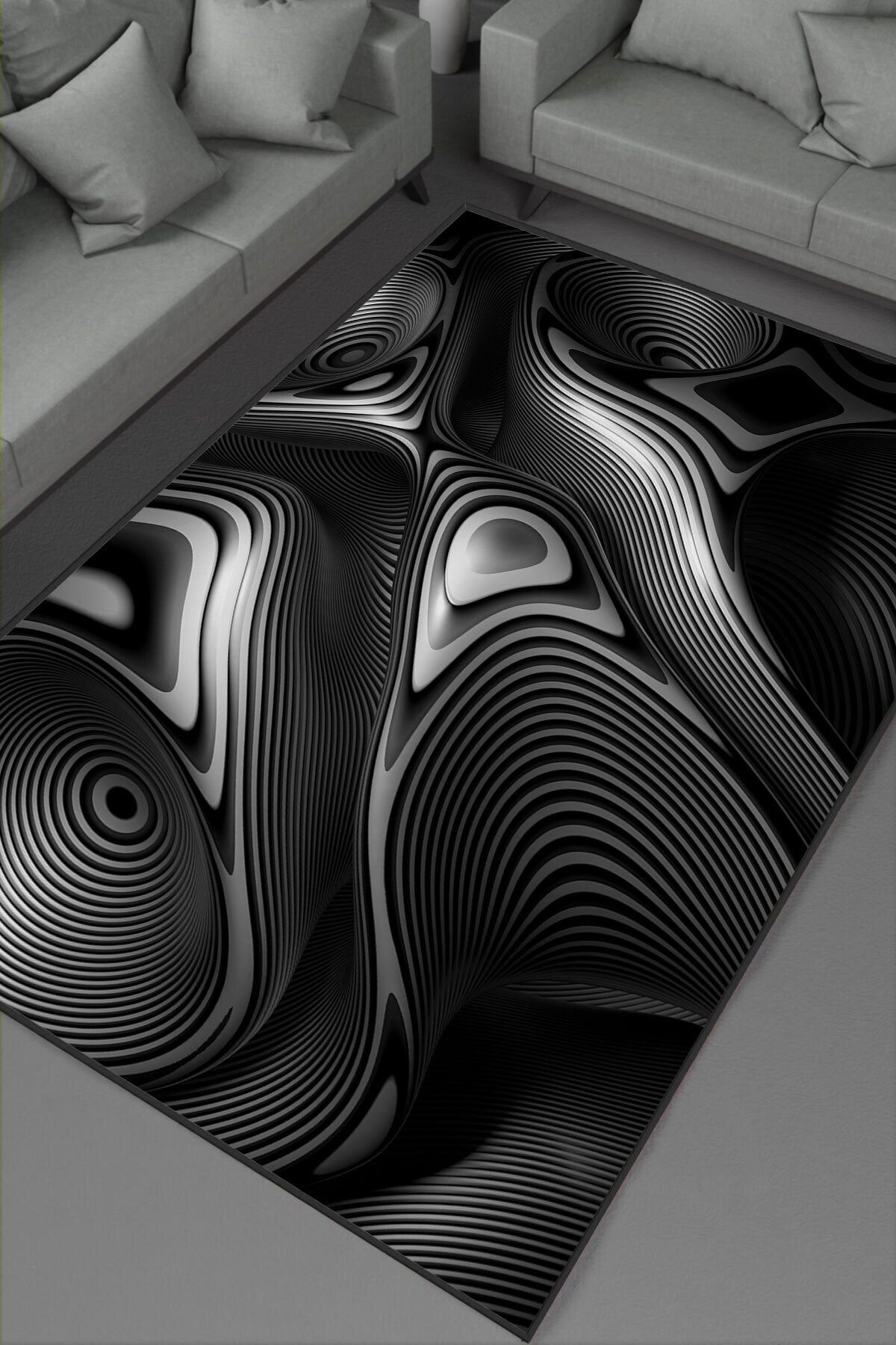Perdecizade Siyah Spiral Baskılı Halı-kaymaz Taban-antialerjik Makinede Yıkanabilir Modern Klasik Halı