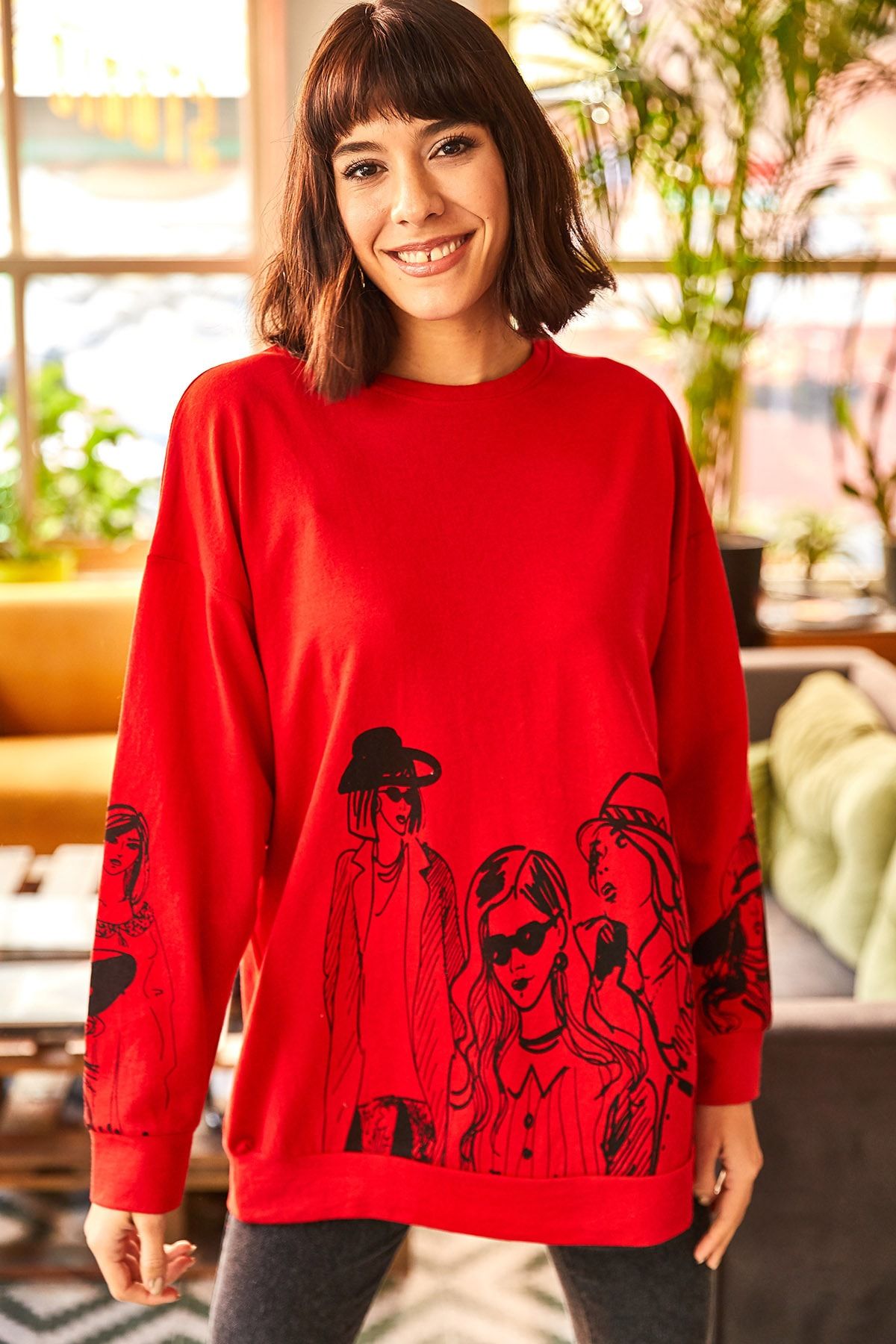 Olalook Kadın Bordo Figürlü Oversize Sweatshirt SWT-19000452