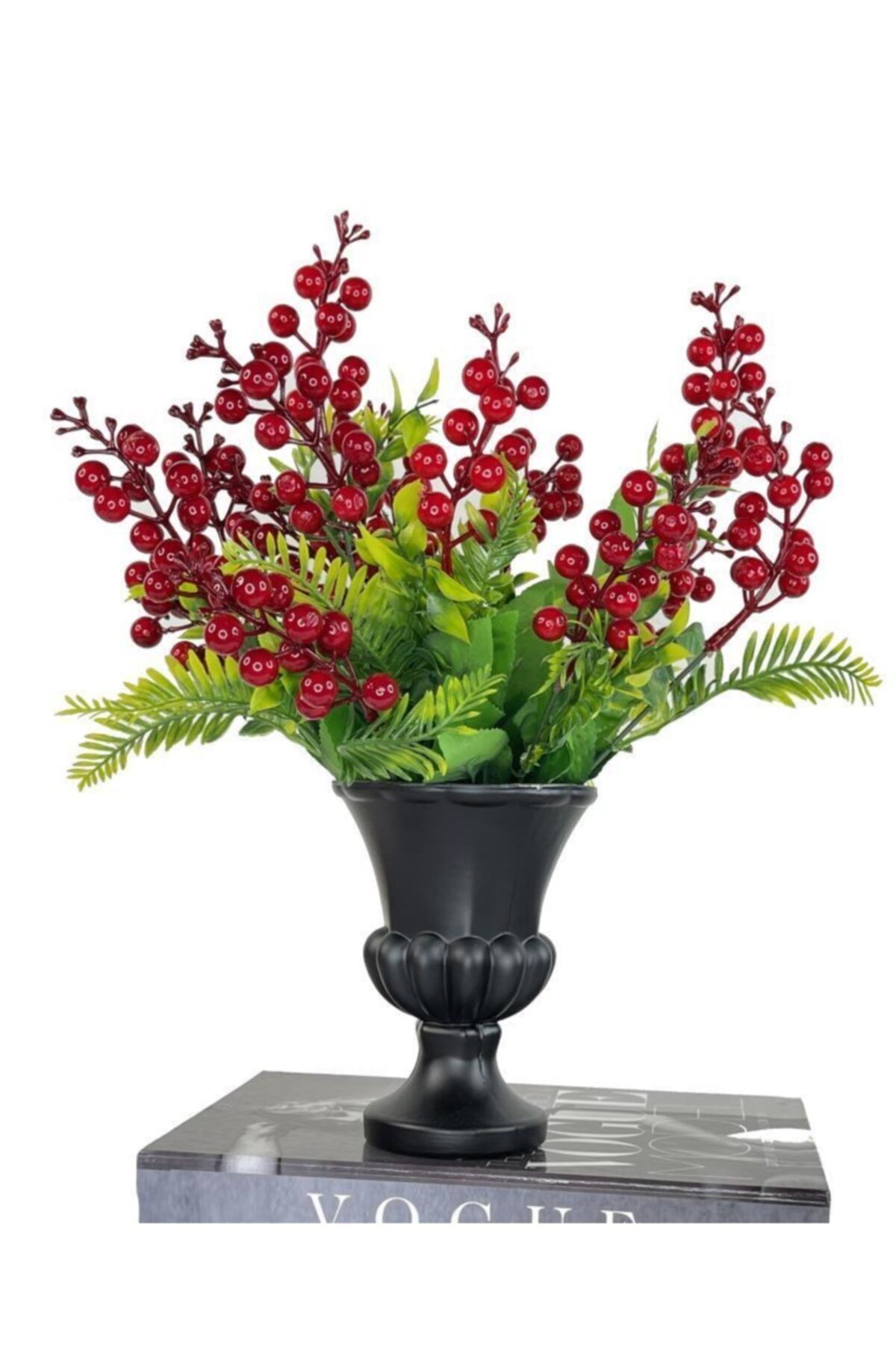 Nettenevime Yapay Çiçek Siyah Mat Mini Antik Cam Vazoda Yılbaşı Çiçeği Kırmızı Kokina