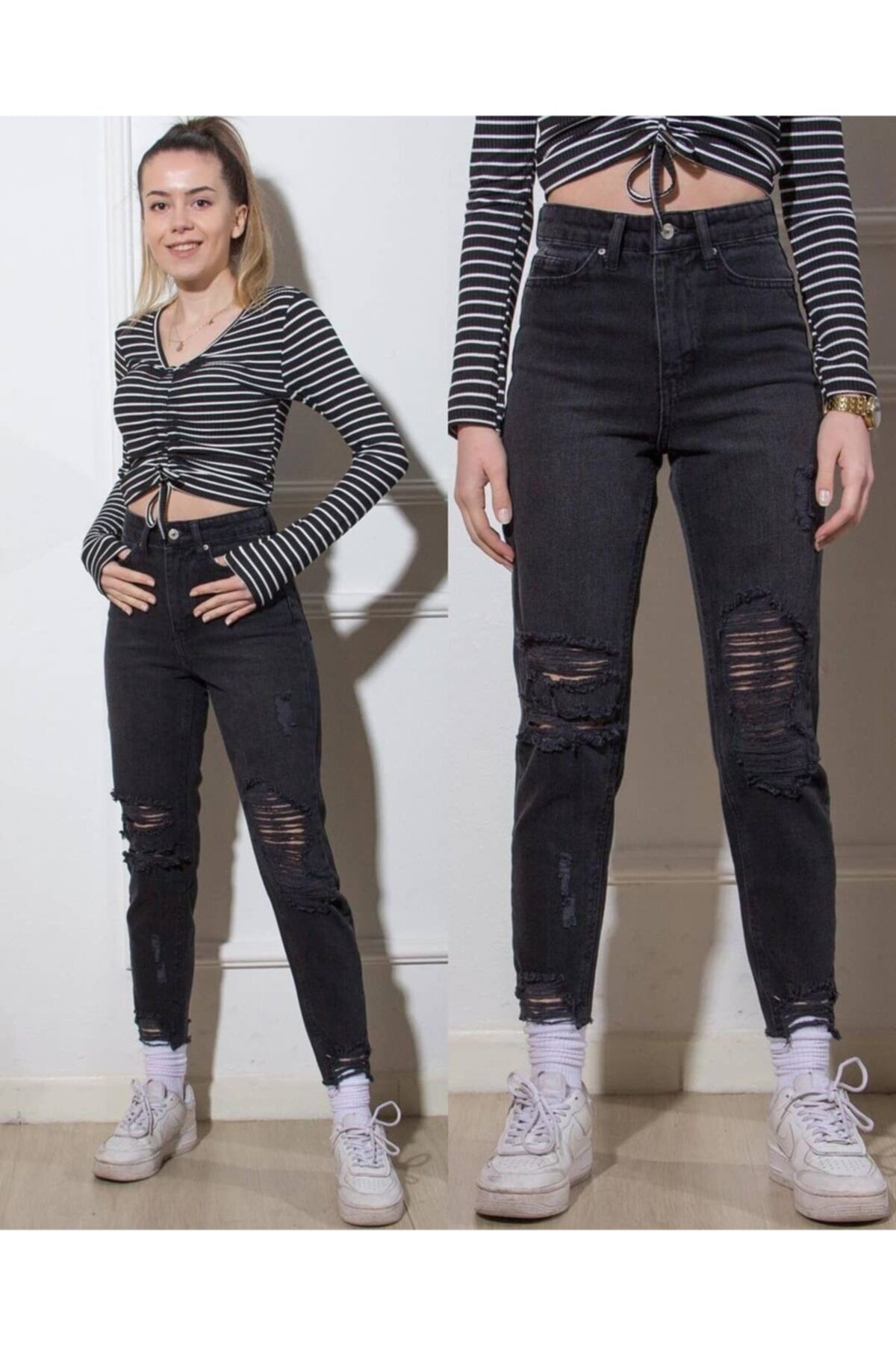 Kaftan Giyim Kadın Siyah Mom Jeans Yüksek Bel Yırtık Kot Pantolon