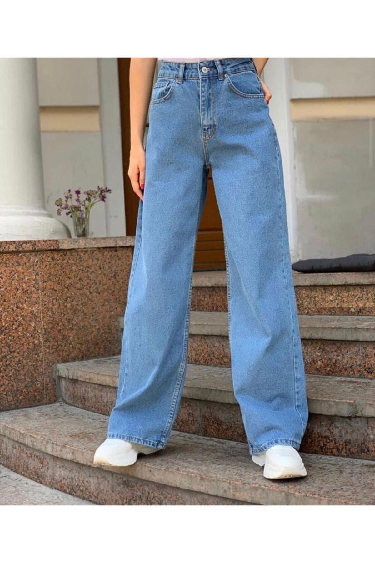 Trn JNS Orta Mavi Düz Likralı Wide Leg Yüksek Bel Salaş Jeans Palazzo Pantolon