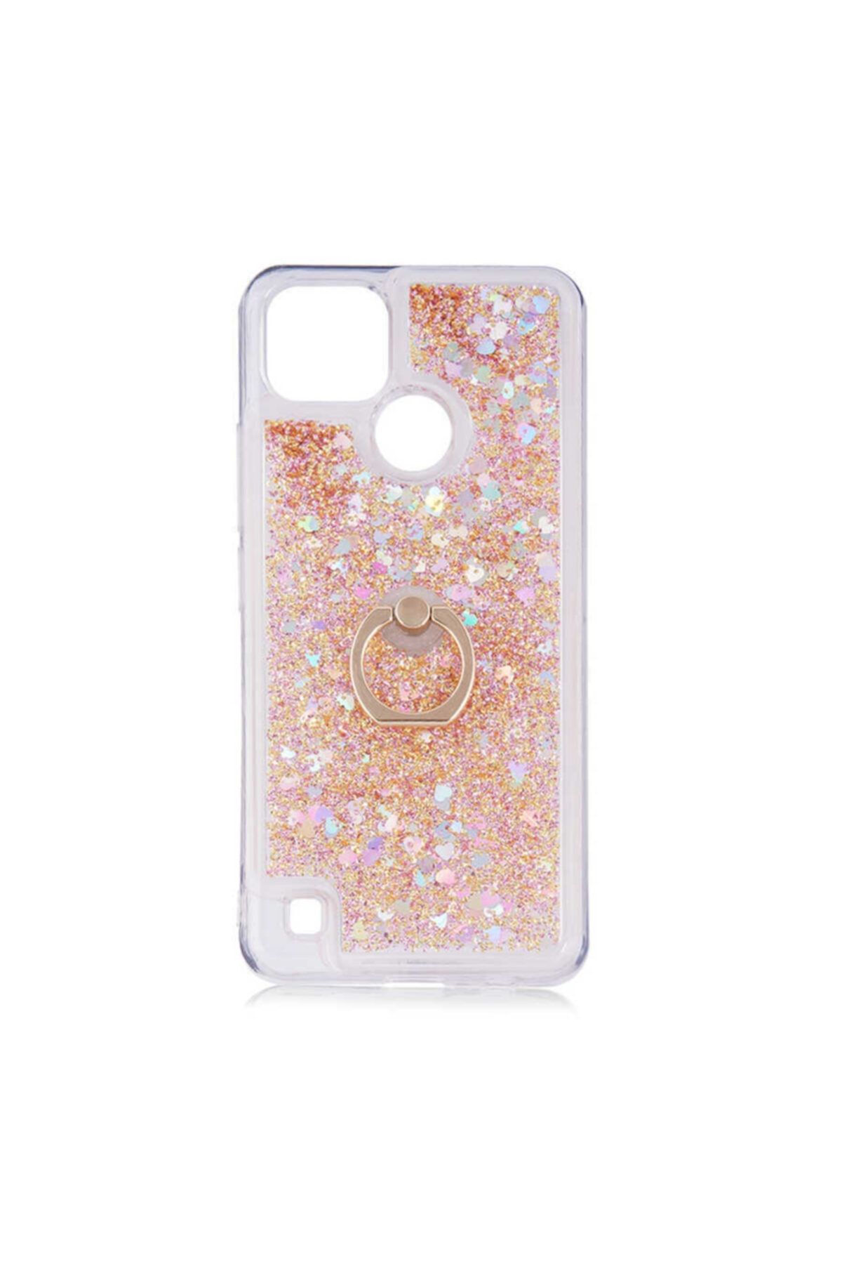 Nezih Case Oppo Realme C21 Uyumlu Yüzüklü Standlı (SİMLİ PULLU SIVILI AKIŞKAN) Silikon Kılıf Gold
