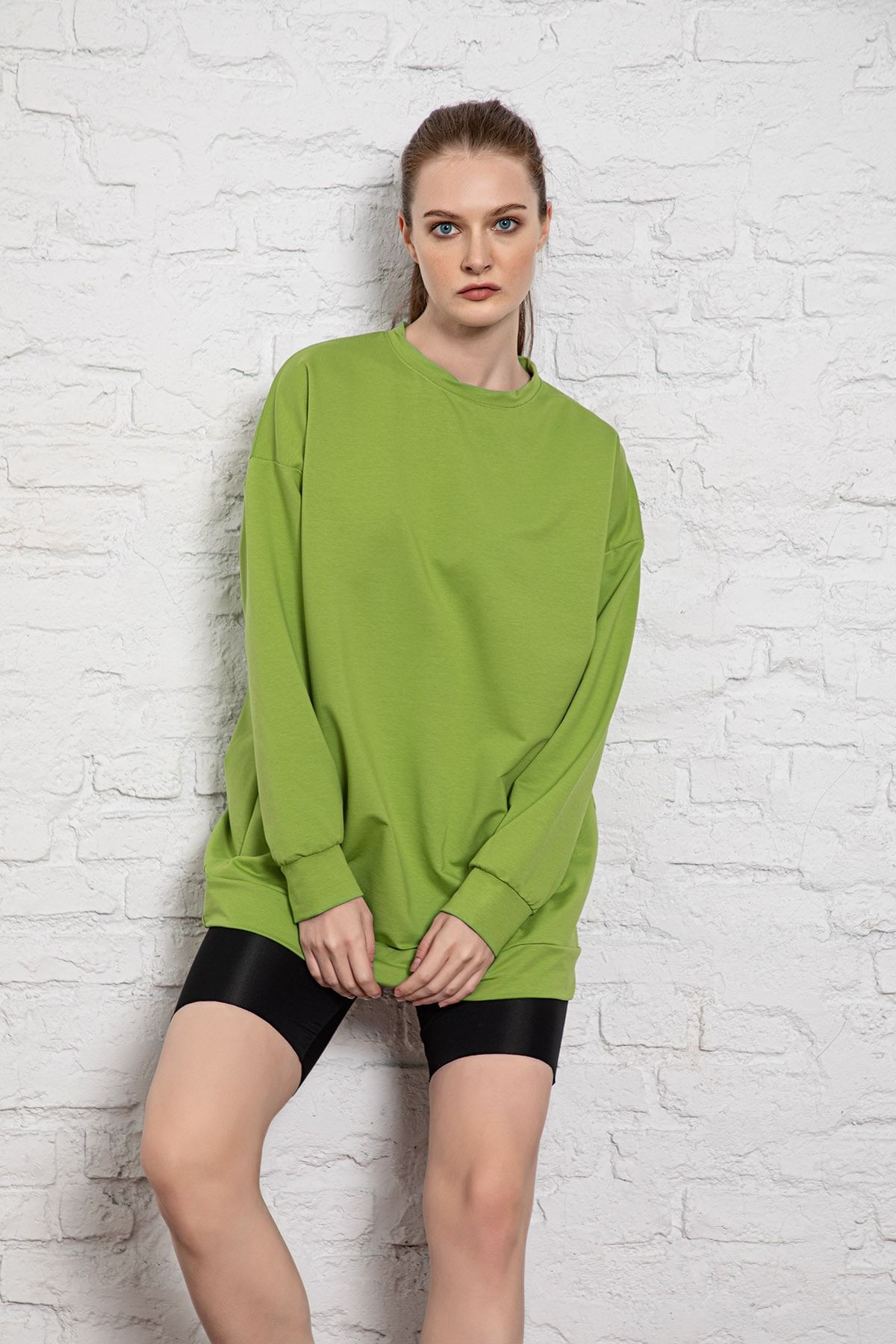 MyBen Unisex Uzun Kollu Iki Iplik Fıstık Yeşili Oversize Sweatshirt Irf053