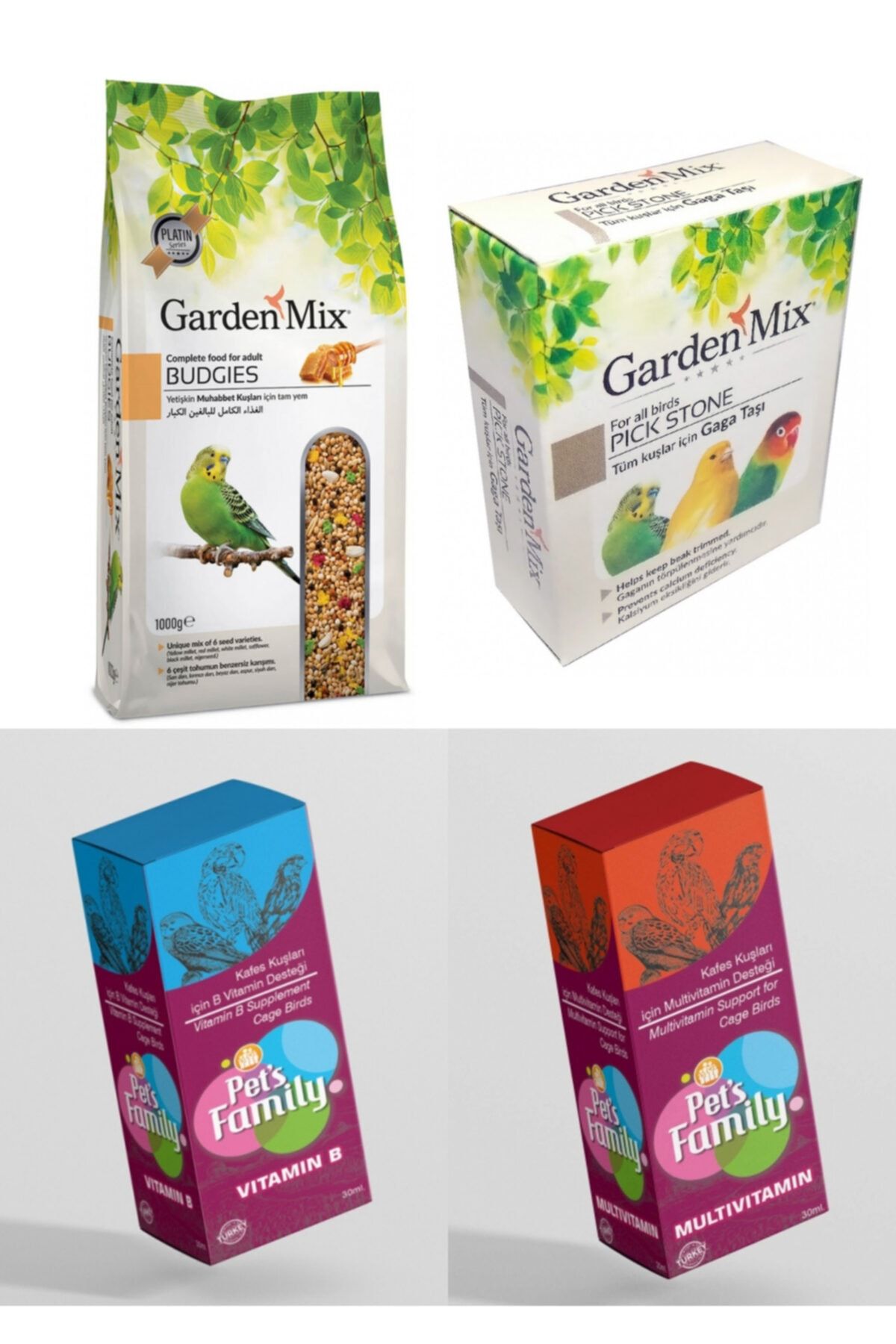 Gardenmix Muhabbet Kuşu Bakım Seti 4’lü Ballı Kuş Yemi 1 Kg - Gaga Taşı-vitamin B-multivitamin Adec