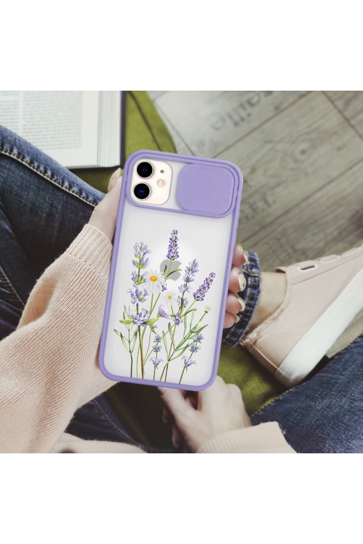 mooodcase Iphone 11 Uyumlu Slider Kapak Lavender Desenli Lila Telefon Kılıfı