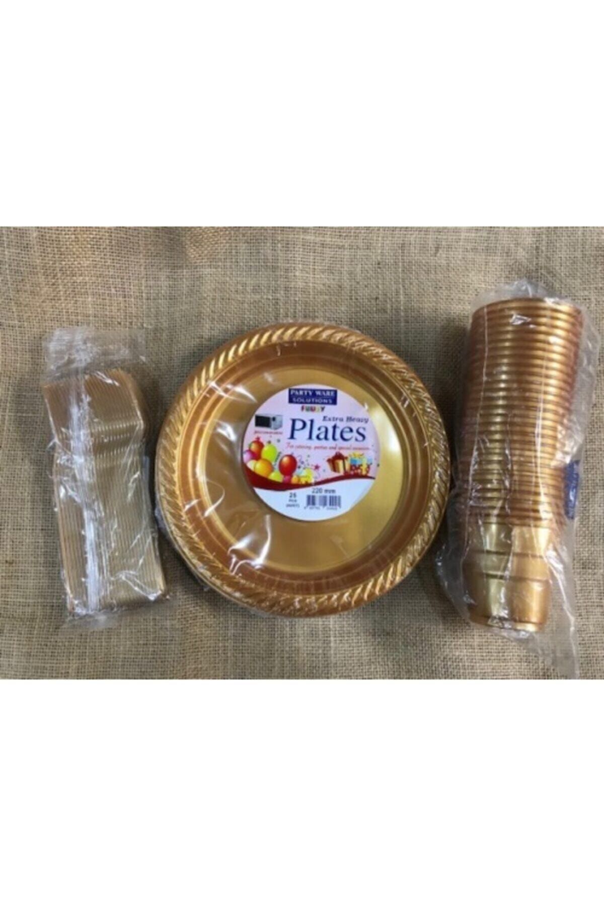 Deniz Party Store Gold Altın Tabak Bardak Çatal Set Plastik 25 Kişilik