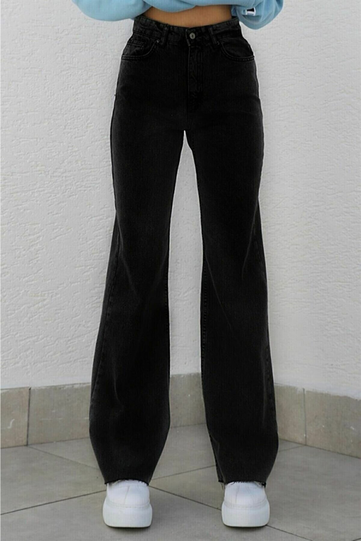 Ramrod Ammy Siyah Likralı Süper Yüksek Bel Salaş Jeans Palazzo Pantolon. (SÜPER YÜKSEK) Wide Leg