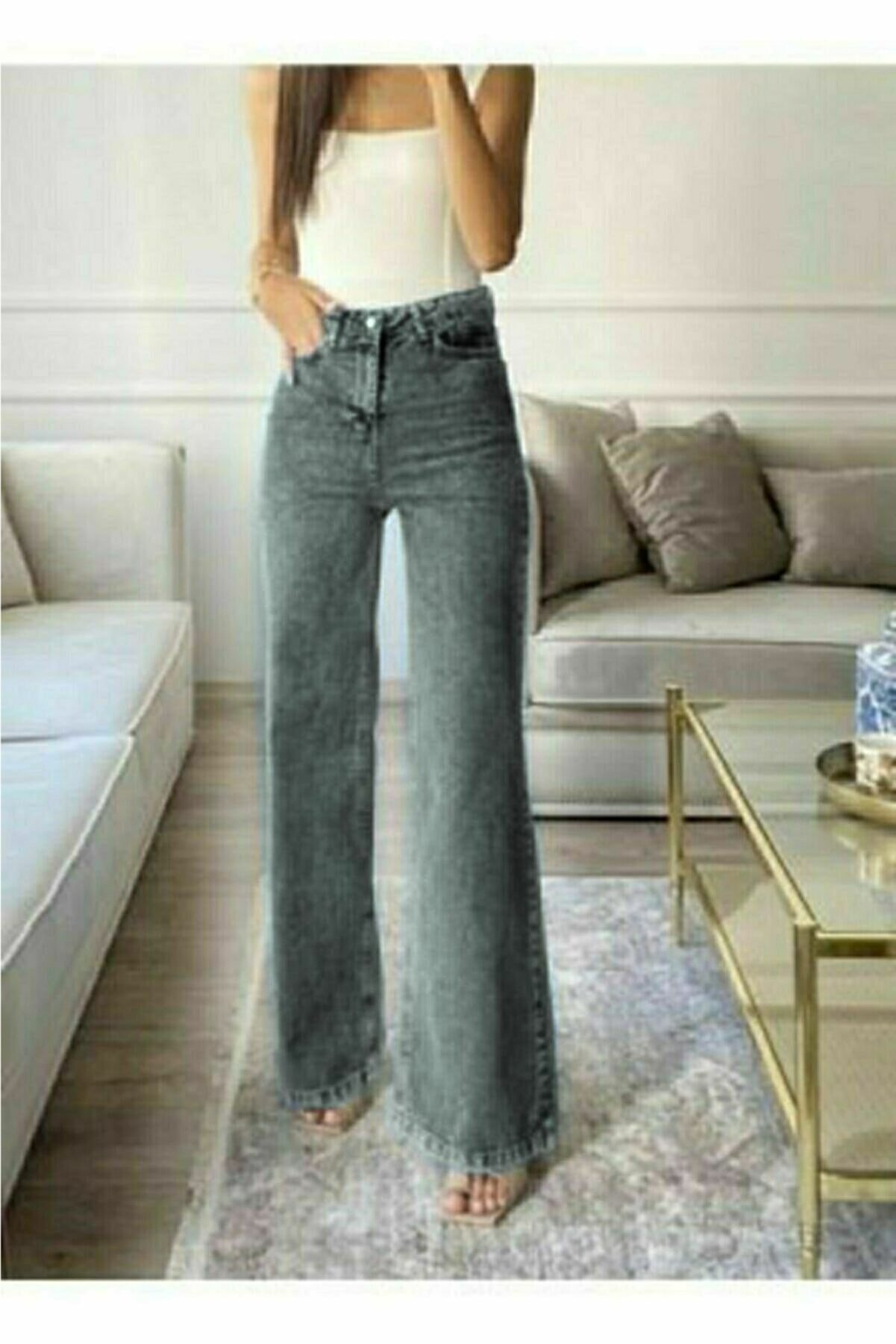 Ramrod Kül Gri Füme Power Likralı Süper Yüksek Bel Salaş Jeans Palazzo Pantolon