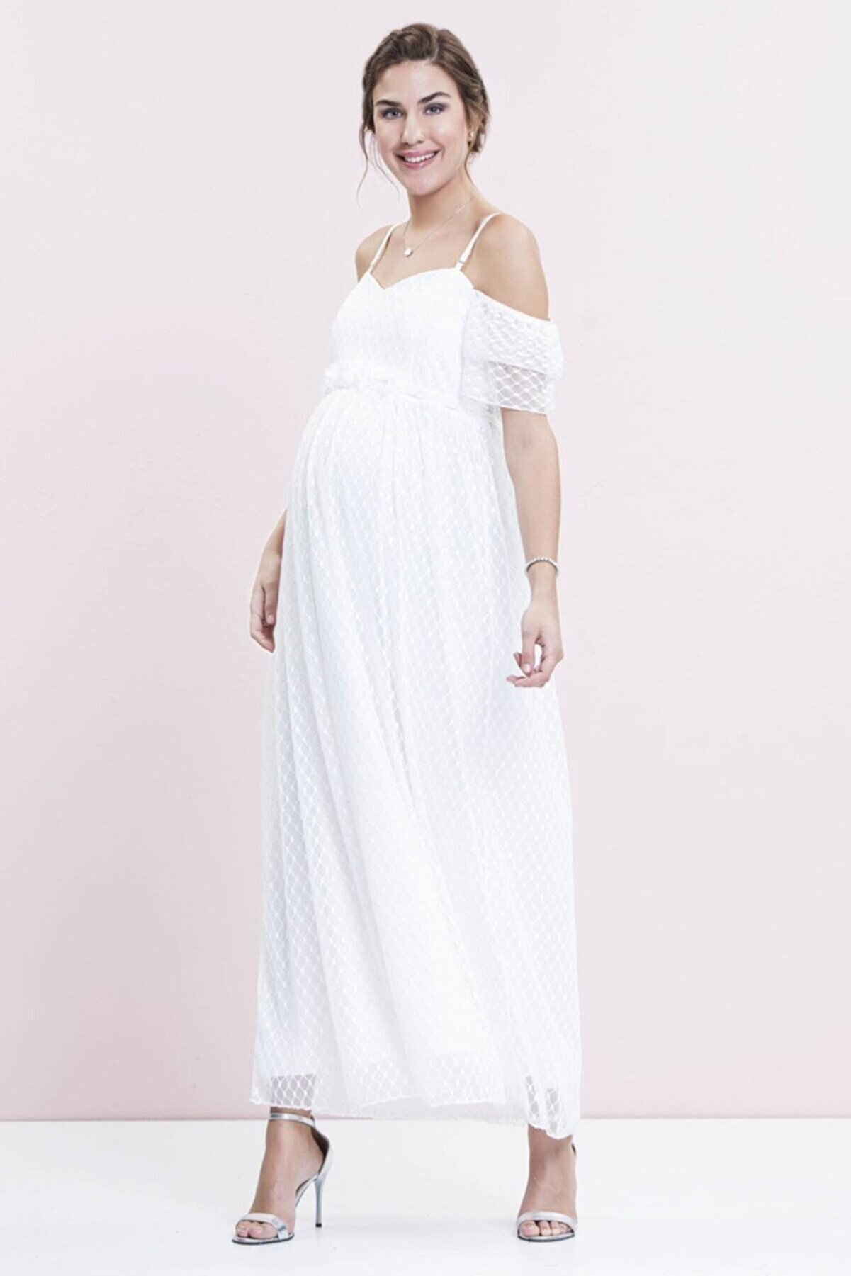 Even Fashion Hamile Giyim Çiçek Detaylı Tül Uzun Abiye Hamile Elbise Beyaz