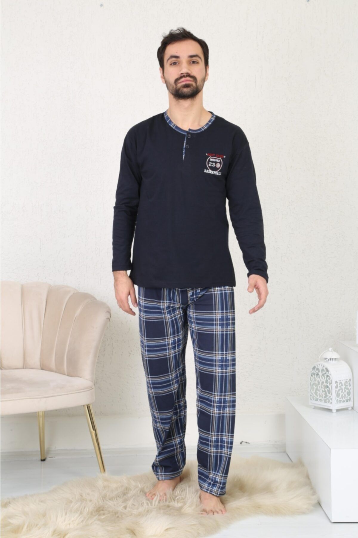 Rimoli Erkek Lacivert Pamuk 3 Düğmeli Pijama Takımı
