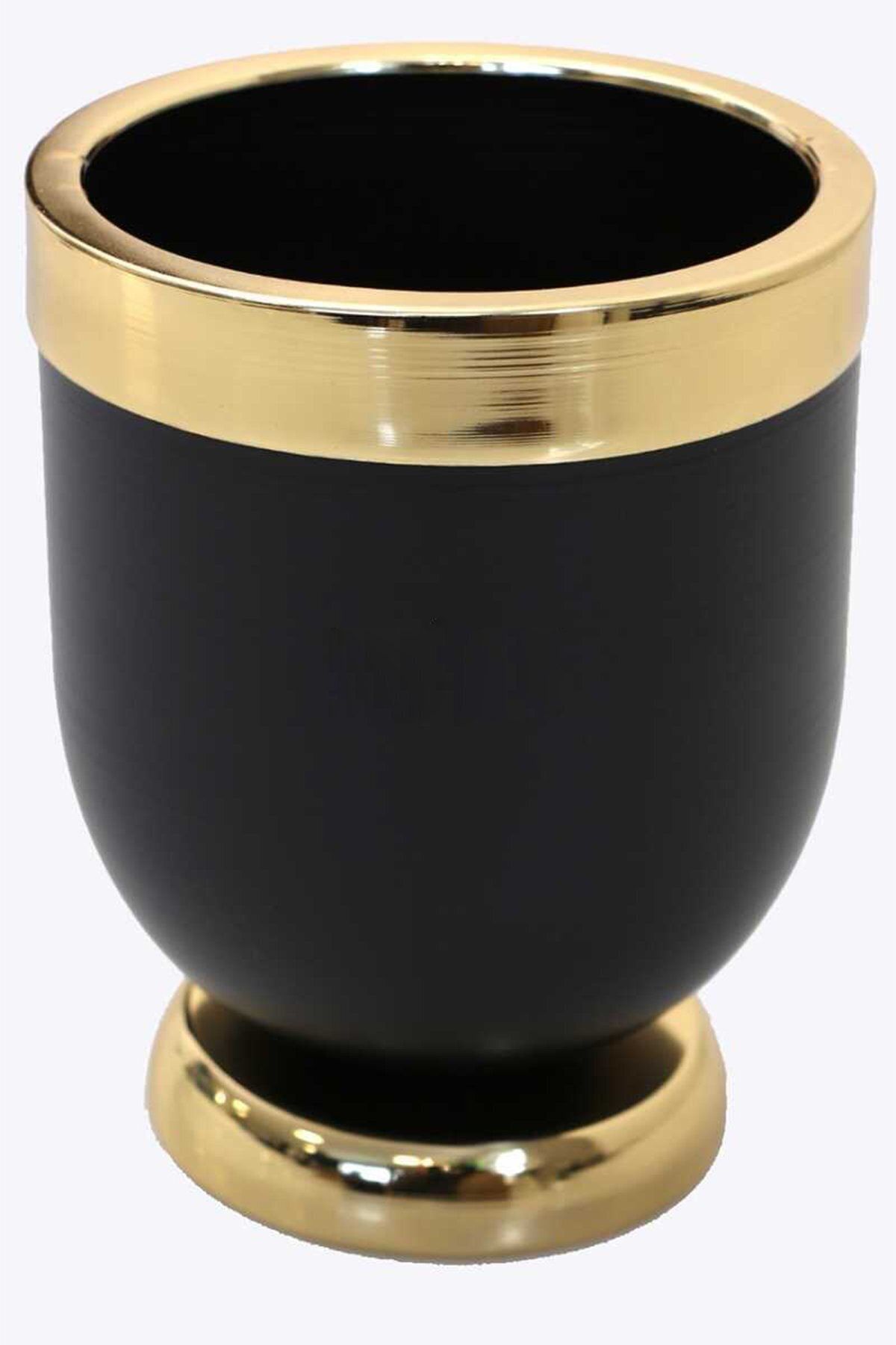 Hediye Vitrini Dekoratif Metal Vazo - Saksı Siyah Altın 20 Cm