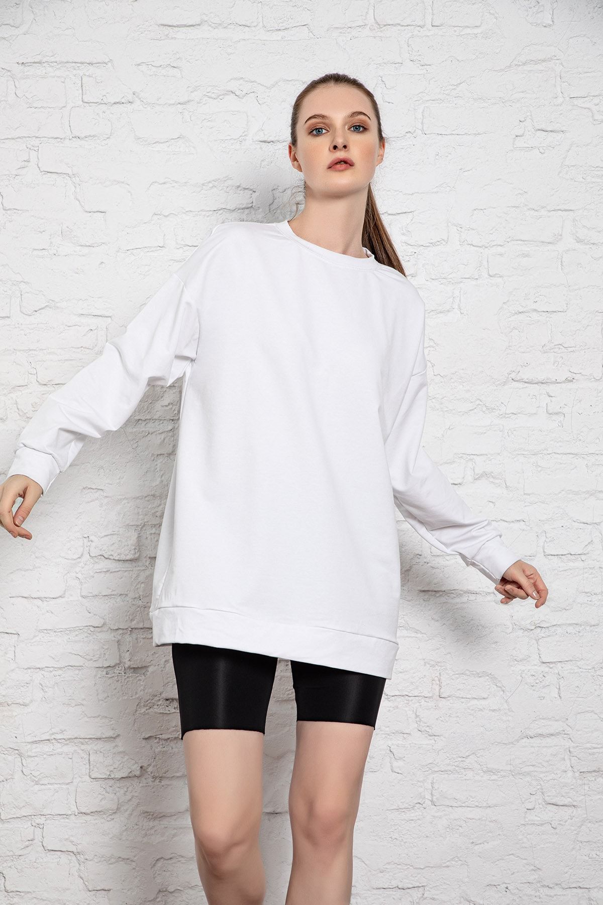 MyBen Unisex Uzun Kollu Iki Iplik Beyaz Oversize Sweatshirt Irf054