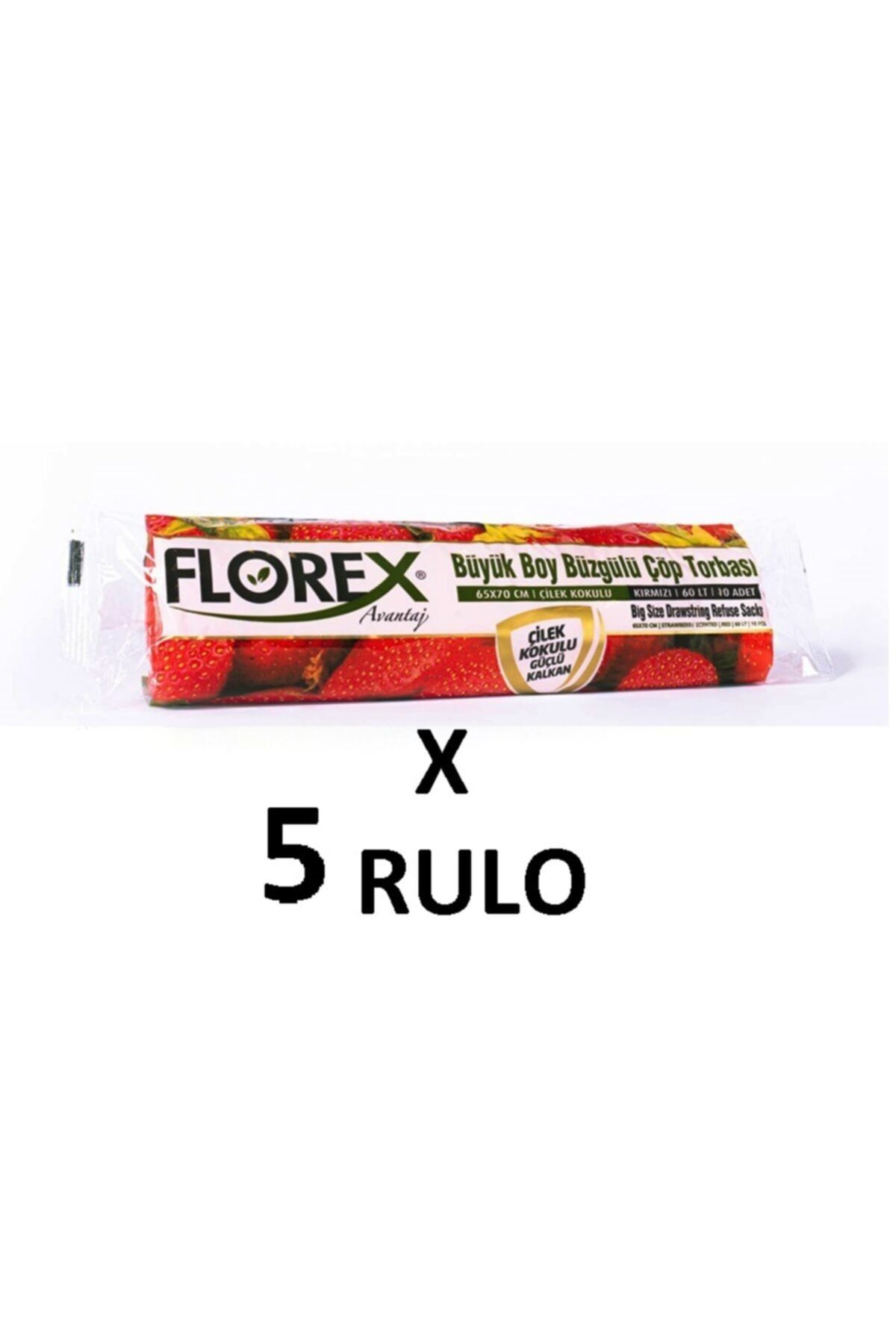 coverest Florex Çilek Kokulu Büzgülü Büyük Boy ( 65x70 Cm ) Çöp Poşeti Kırmızı 5 Rulo 10*5=50 Adet