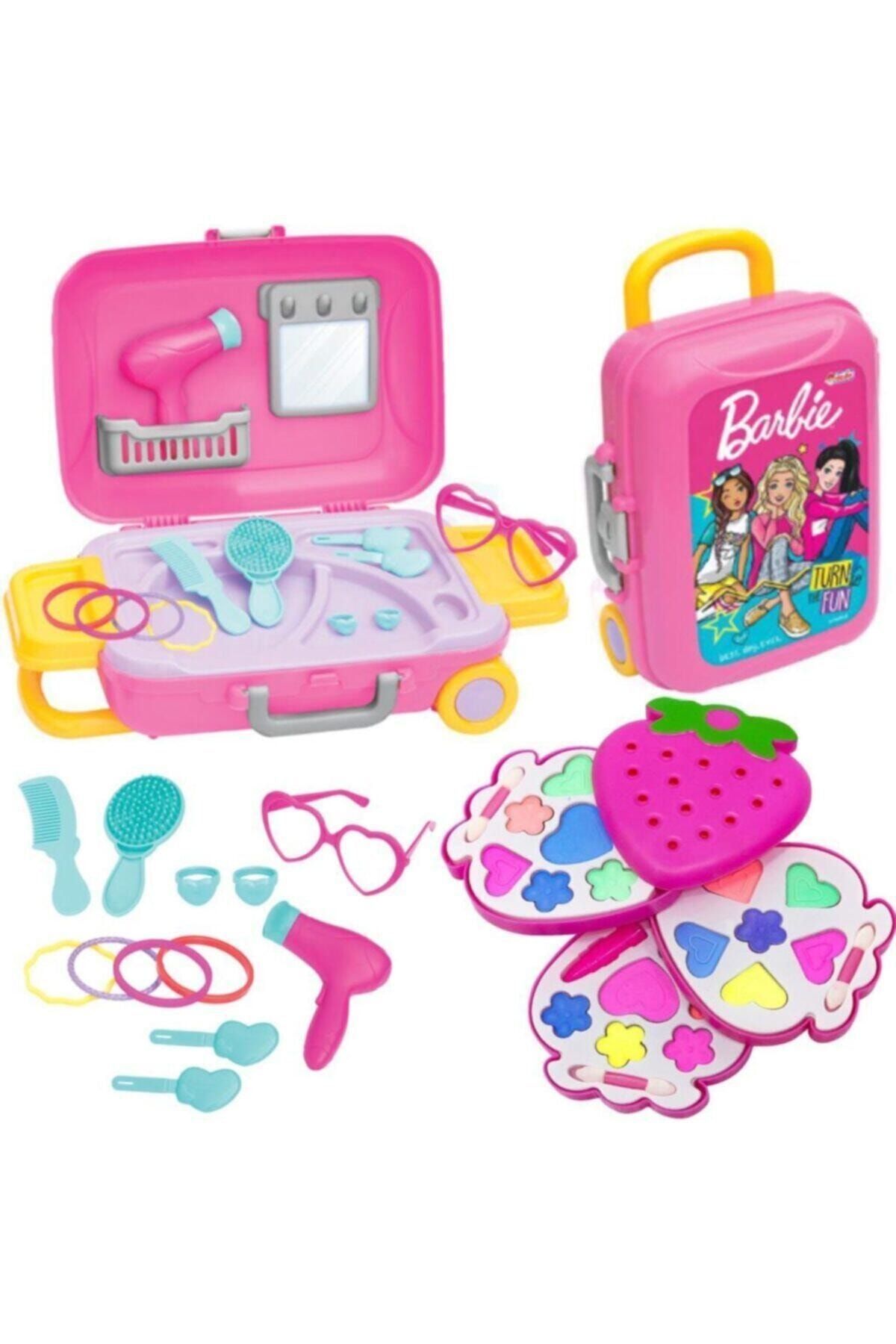 Depomiks Avm Barbie Oyuncak Güzellik Set Bavulum + Sürülebilir Çocuk 3'lü Çilek Makyaj Seti Depomiks