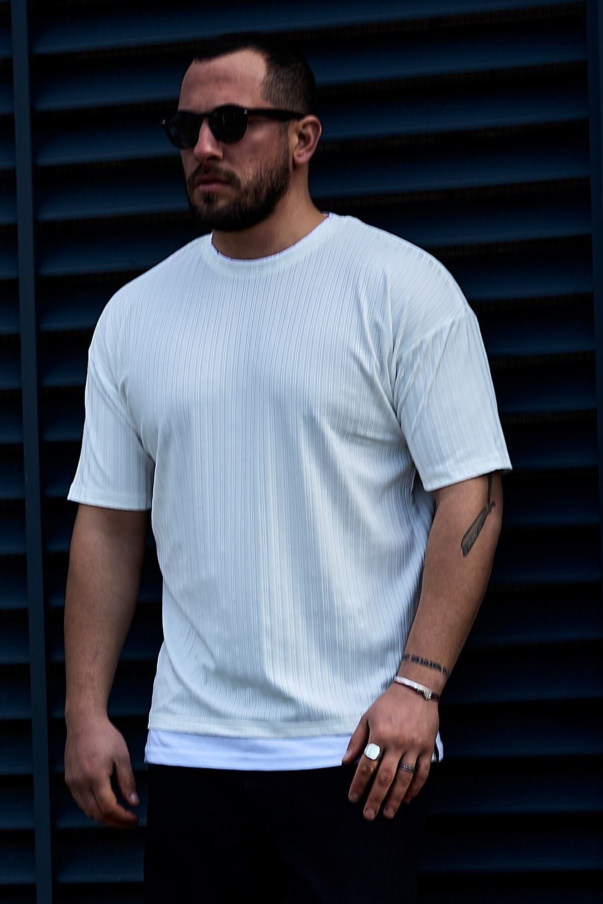 Karpefingo Erkek Beyaz Garnili Fitilli Oversize T-shirt