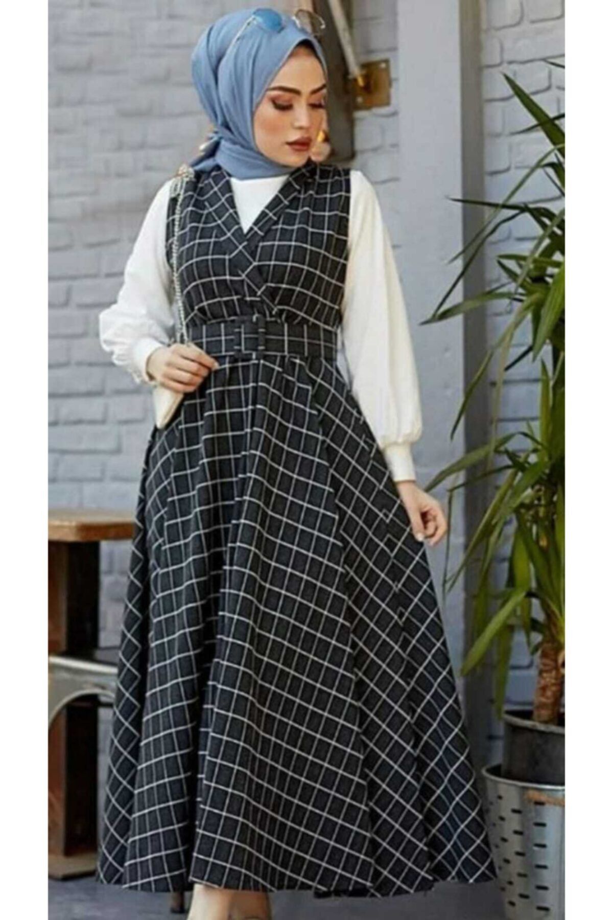Mirelastil Kadın Kare Desenli Elbise / Siyah