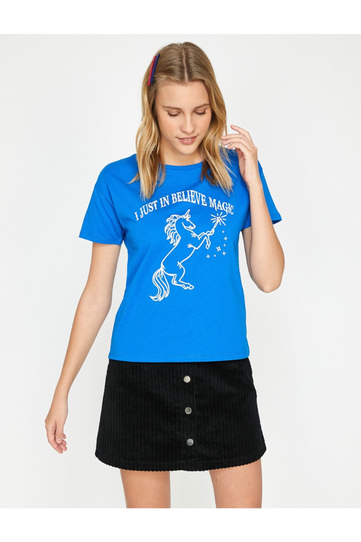 Koton Kadın Mavi Yazılı Baskılı T-Shirt 9YAL18004IK