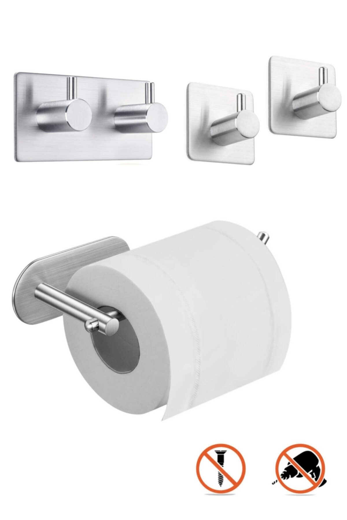 DELTAHOME Paslanmaz Çelik Set Tuvalet Kağıtlığı Bornoz Askısı 2xhavluluk Yapışkanlı