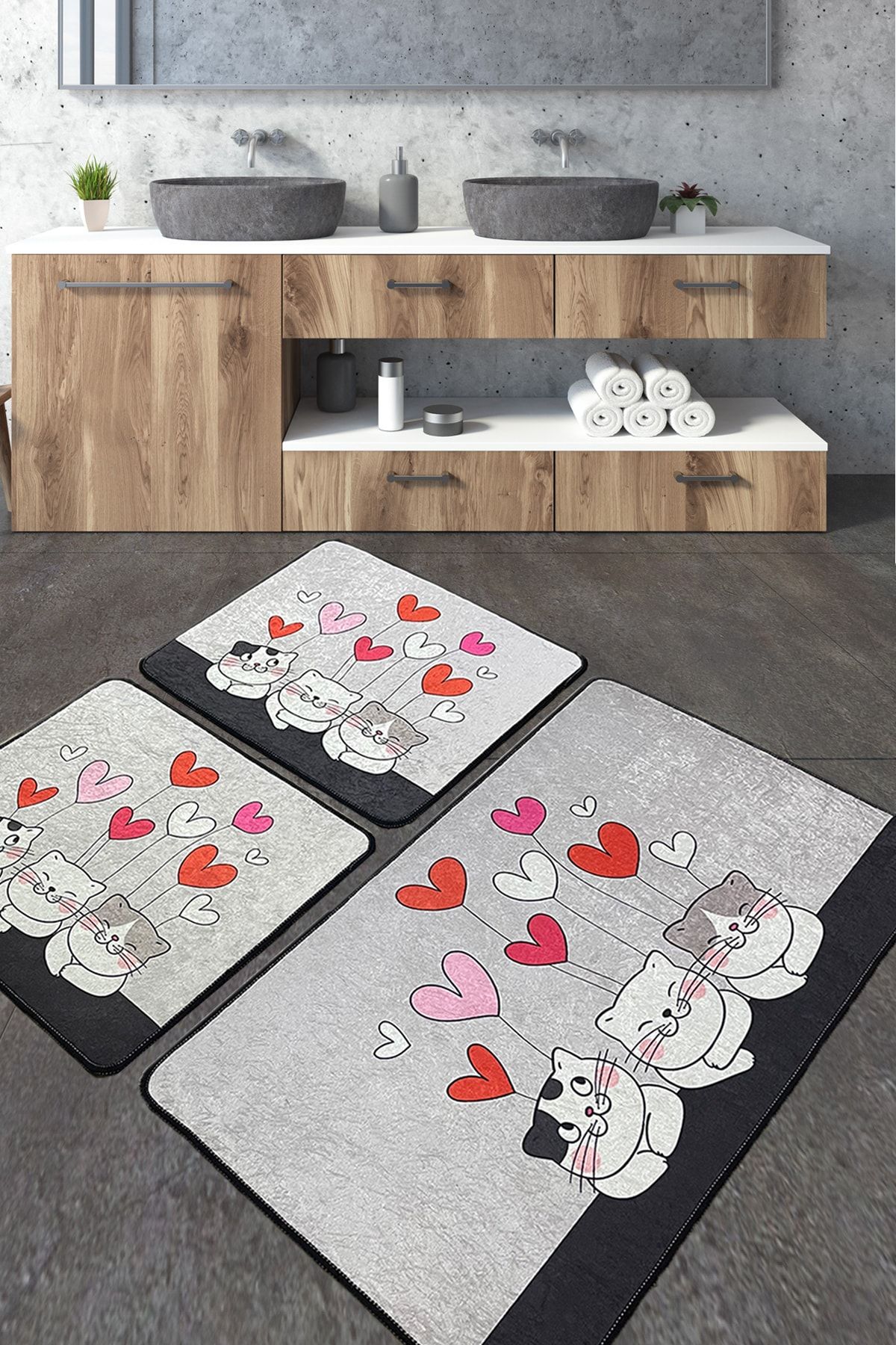 Chilai Home Kitten Banyo Halısı Djt 3 Lü Set Banyo Halısı Paspas Kaymaz Taban Yıkanabilir