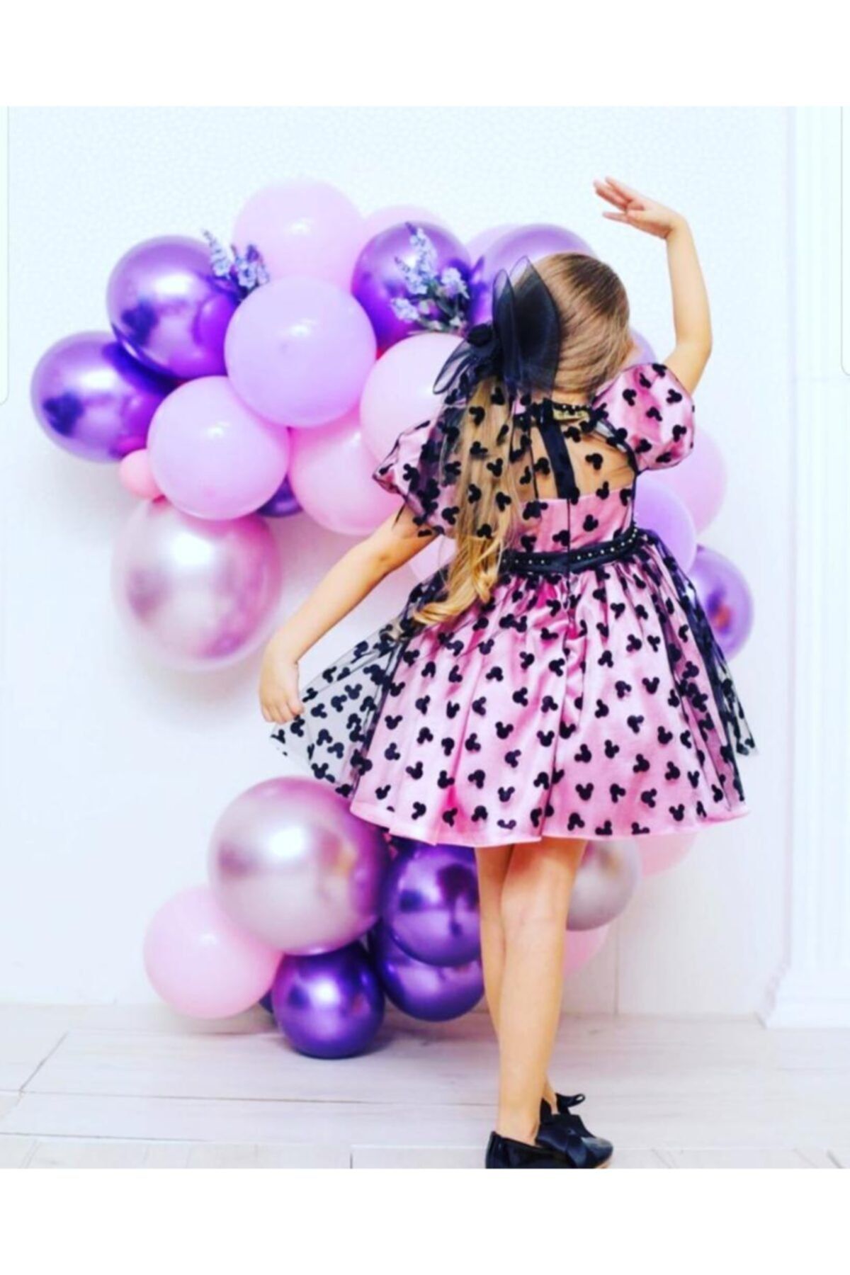Lolliboomkids Kız Çocuk Mickey Desen Tüllü Tütülü Pembe Renk Parti Doğum Günü Özel Gün Tarlatanlı Mini Elbise