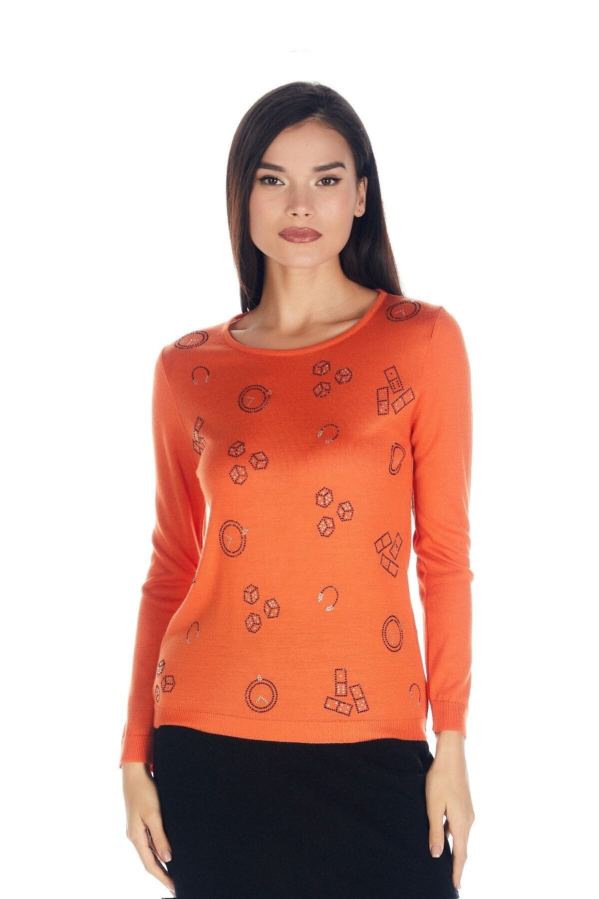 Solo Kadın Orange Kristal Taş Baskılı Luxury Triko Tişört