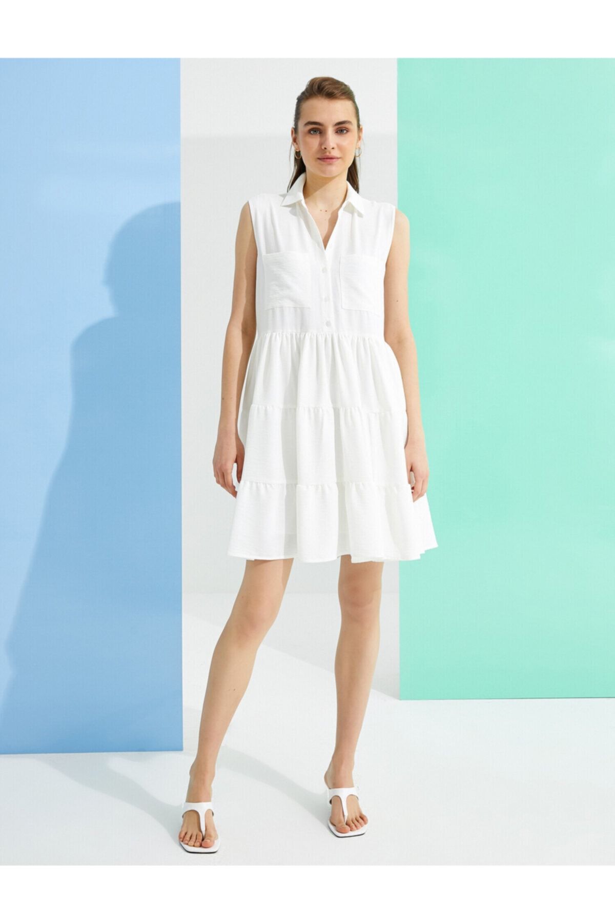 Koton Kadın Beyaz Kolsuz Gömlek Yaka Elbise
