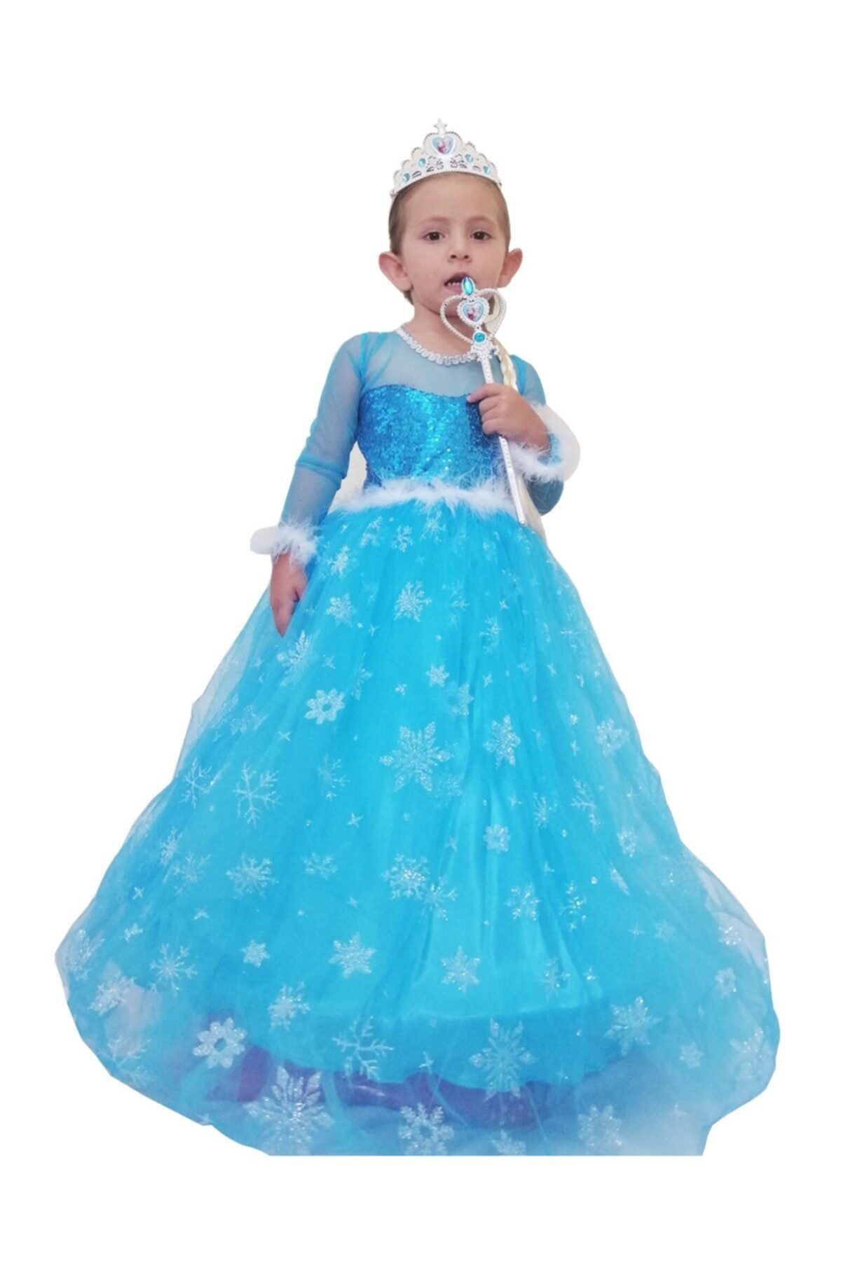 DEHAMODA Kız Çocuk Mavi Uzun Kol Simli Tarlatanlı Full Set Elsa Kostümü