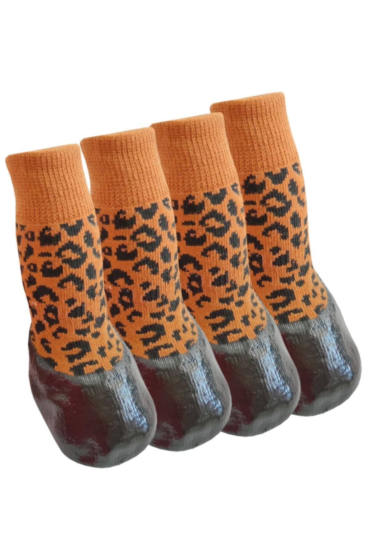 Trixie Kedi Köpek Ayakkabı Çorap Nitril Kaplı Örme Kışlık Çorap Kahverengi Leopar Desen Br21