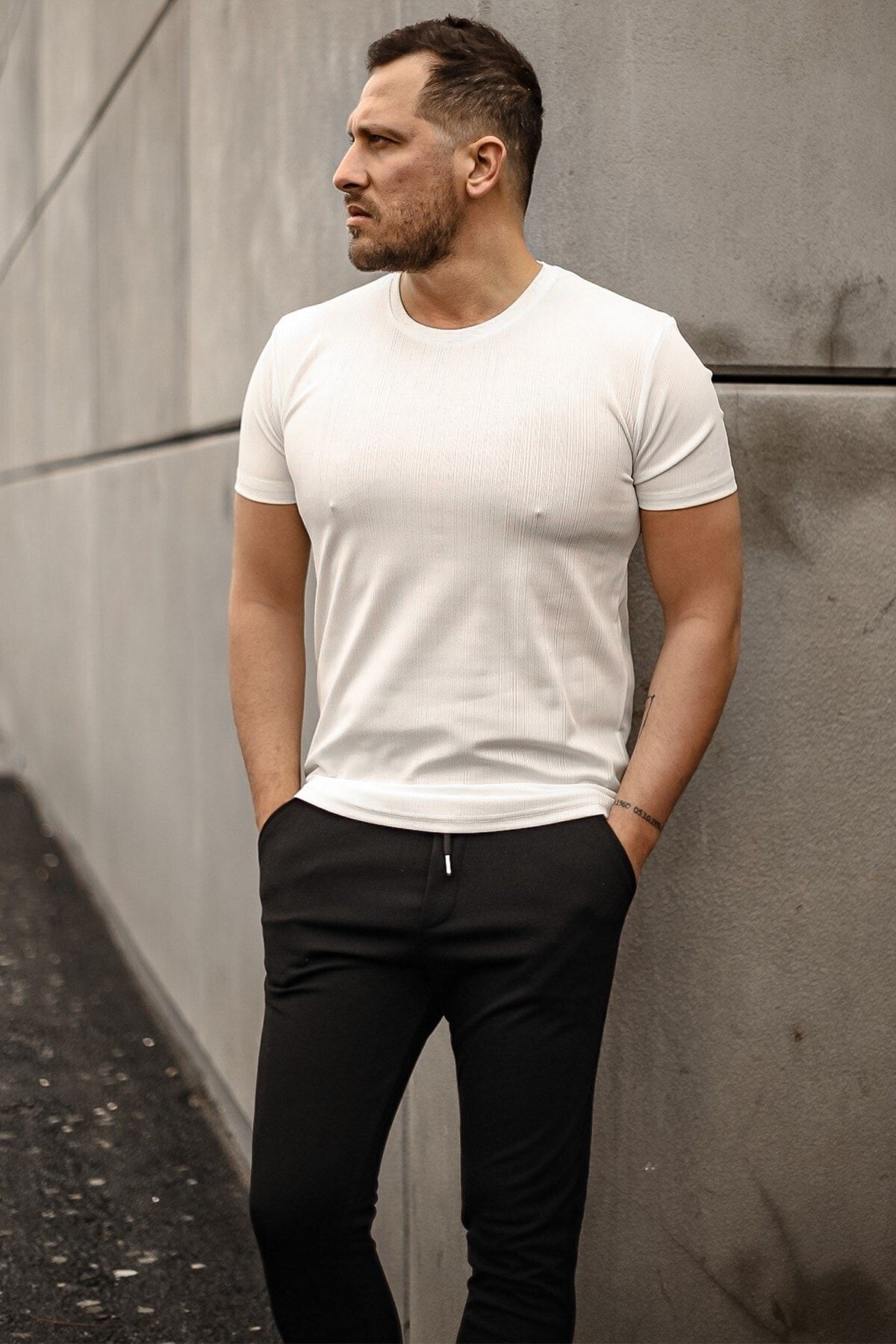 Karpefingo Erkek Basic Fitilli Beyaz T-shirt