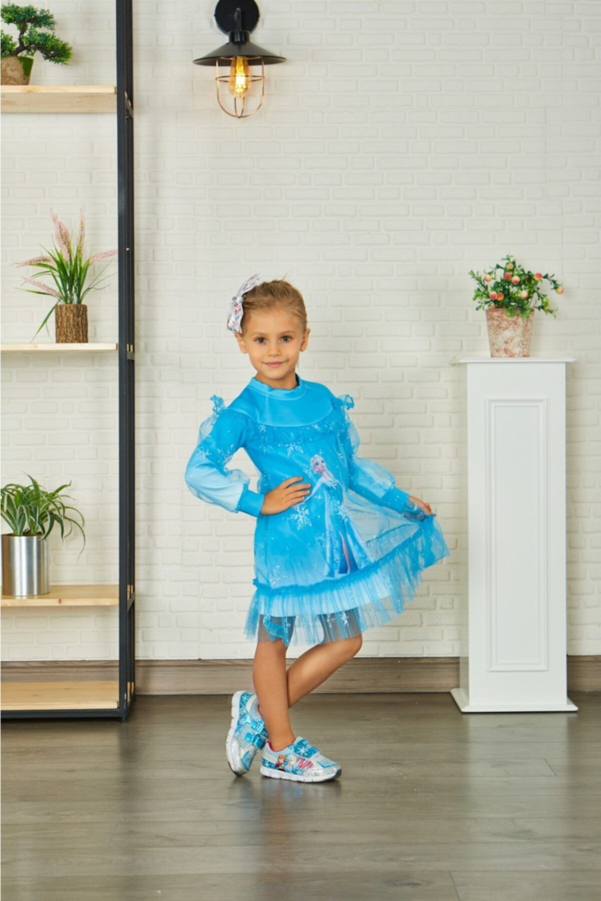 Sare Çocuk Giyim Mavi Elsa Tül Detaylı Toka Hediyeli Kışlık Uzun Kollu Kız Çocuk Doğum Günü Özel Gün Elsa Elbisesi