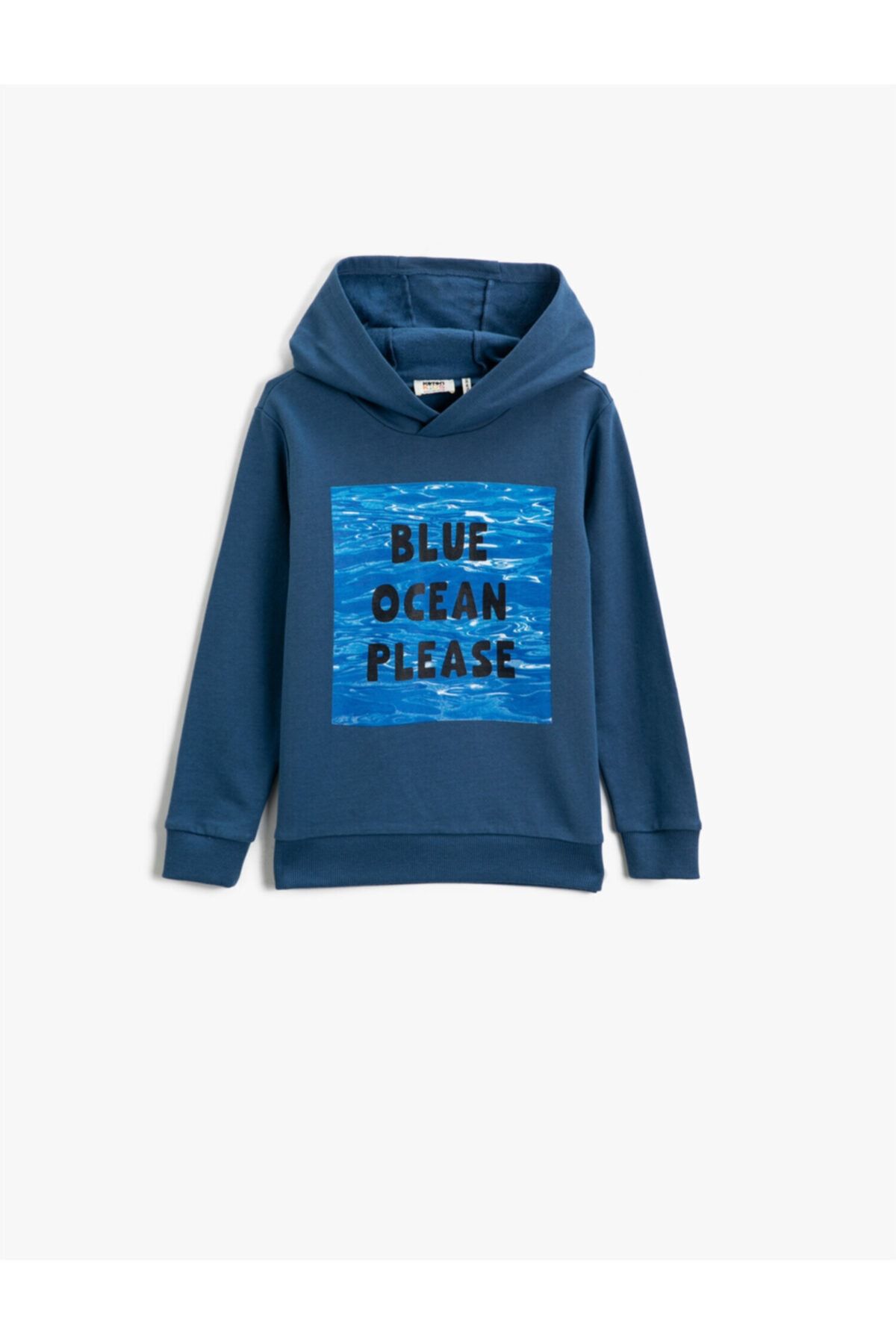 Koton Erkek Mavi Pamuklu Kapüşonlu Yazılı Baskılı Uzun Kollu Sweatshirt