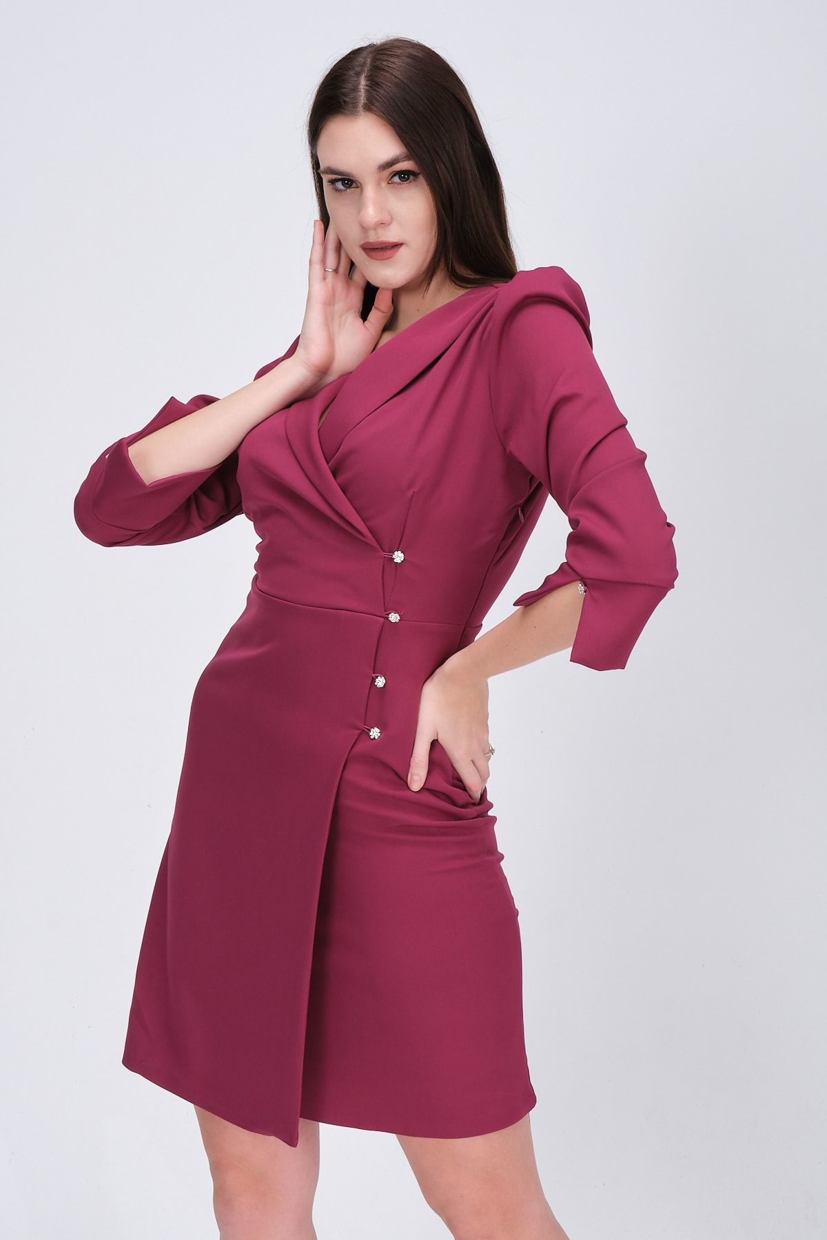Shahiqa Yakalı Parlak Düğmeli Şık Ofis Elbise